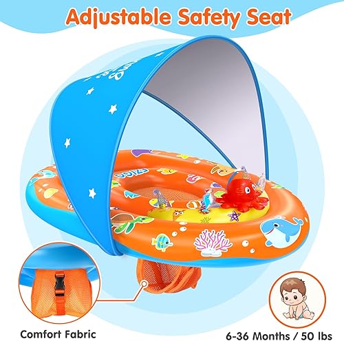 Miniatura 5 de EZIGO Flotador de piscina para bebé con toldo UPF 50+, doble cámara de aire, flotadores de natación con juguetes de sonido, asiento de seguridad