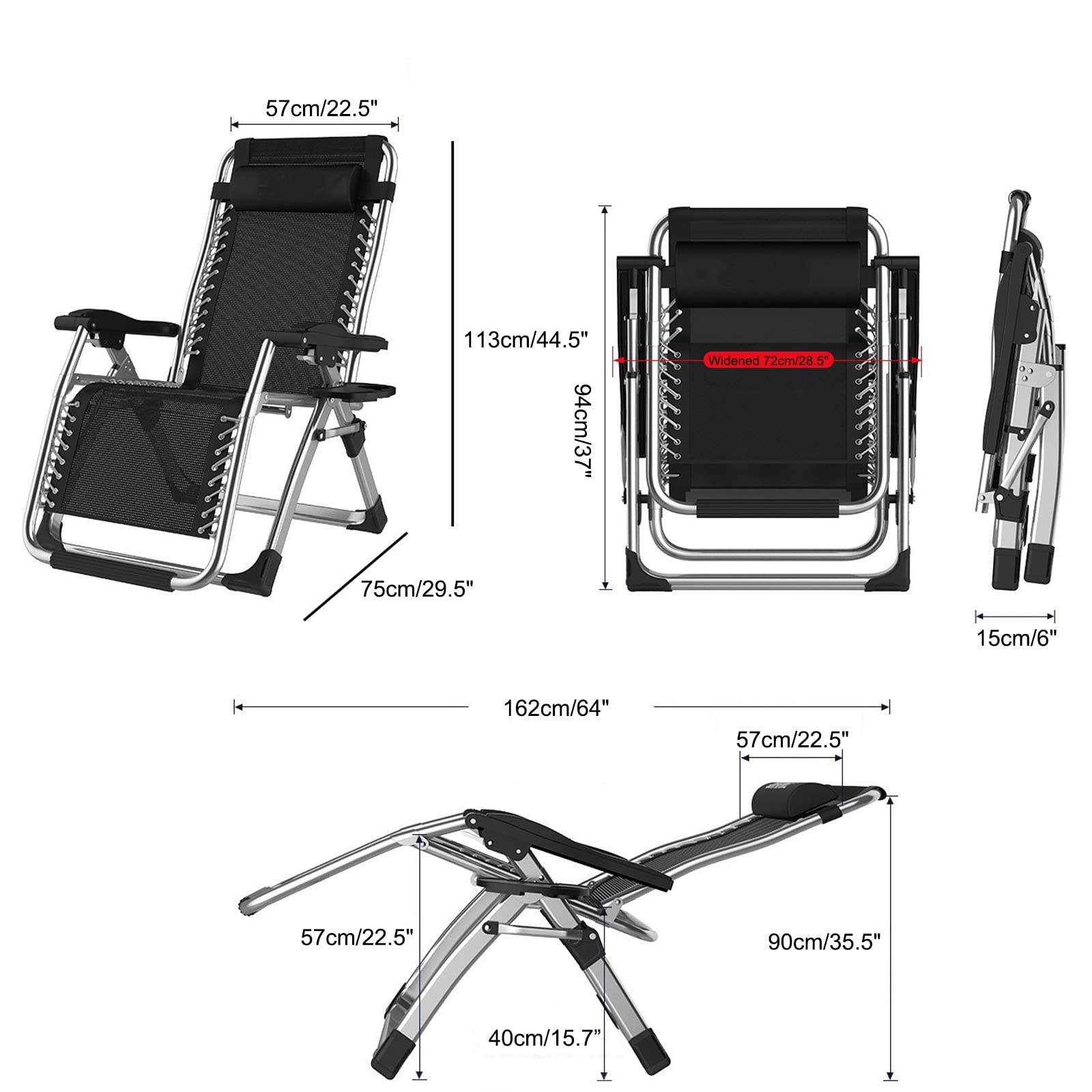 Tumbona Gravedad Cero, Silla Reclinable Plegable para Playa Jardín Terraza, Tumbona Gravedad Cero con Soporte para Bebidas, Soporta hasta 180 Kg (Color : Black Mattress with Chair)