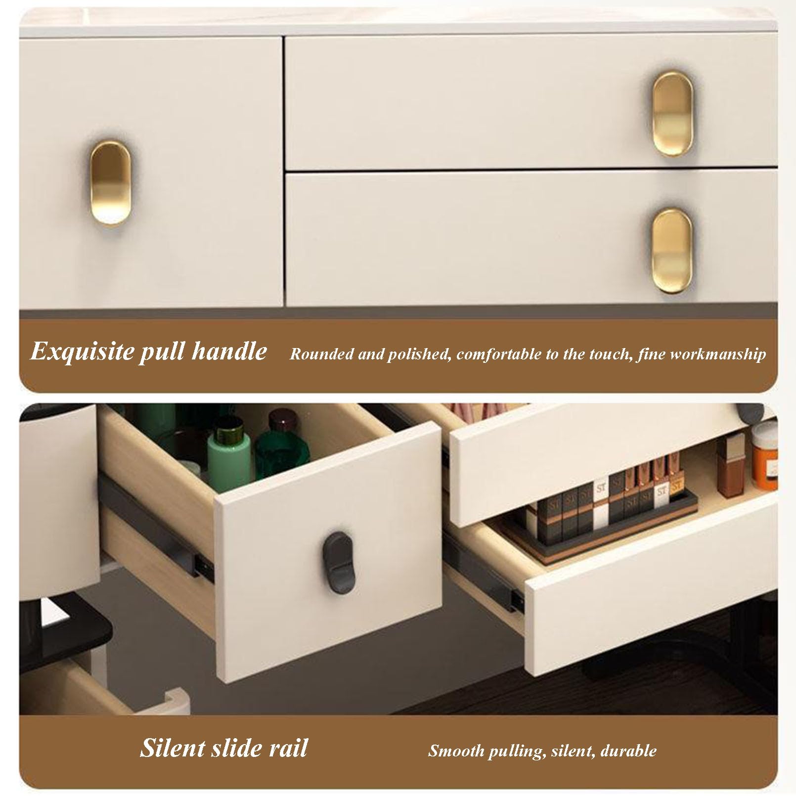 Tavolo da toeletta con specchio e sgabello, scrivania per trucco con luminosità regolabile, 4 cassetti e 6 ripiani, moderno tavolo da toeletta per camera da letto