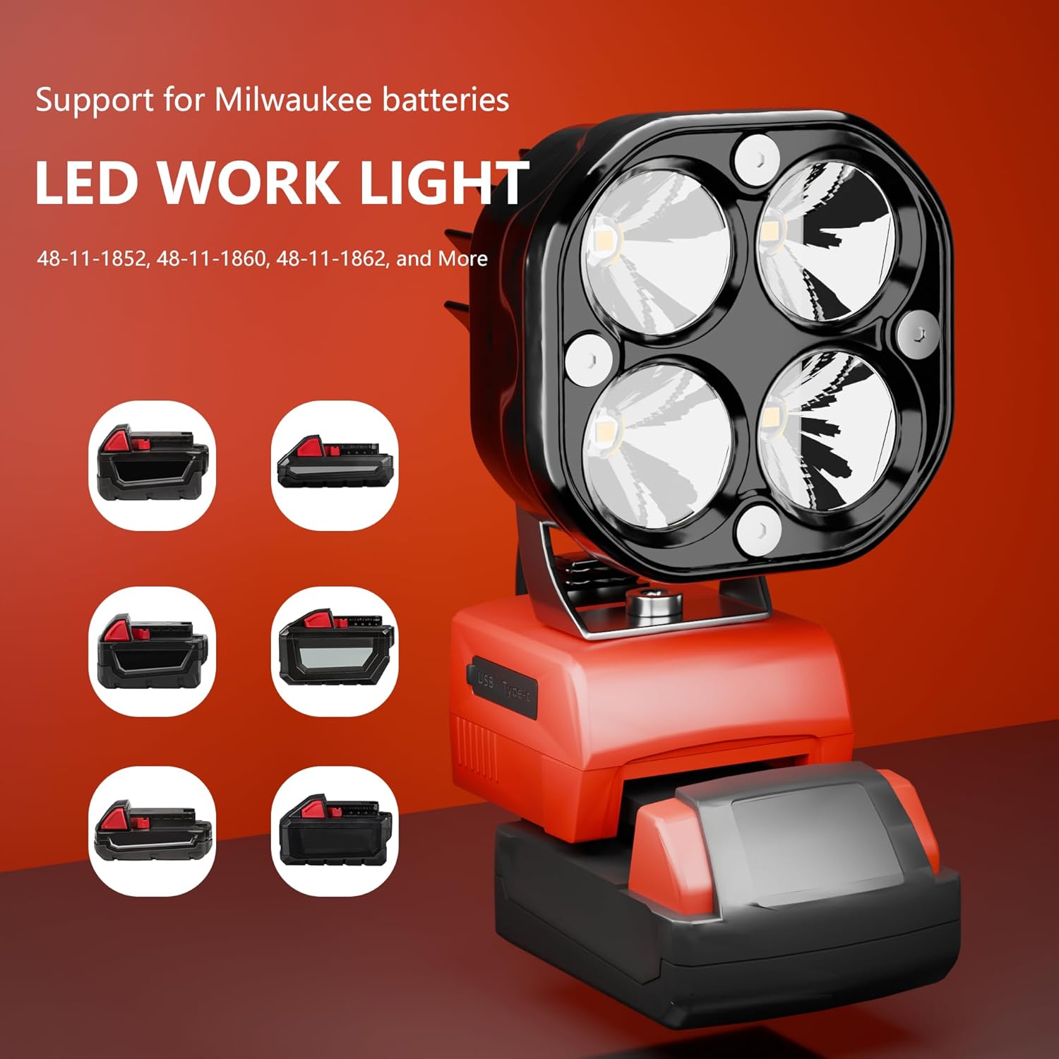 2-Pack Compact LED Work Lights for Milwaukee 18V Battery, Aluminum Shell, 2 Brightness Modes, USB & Type-C Charging, Portable Power Bank Function (Battery Not Included)