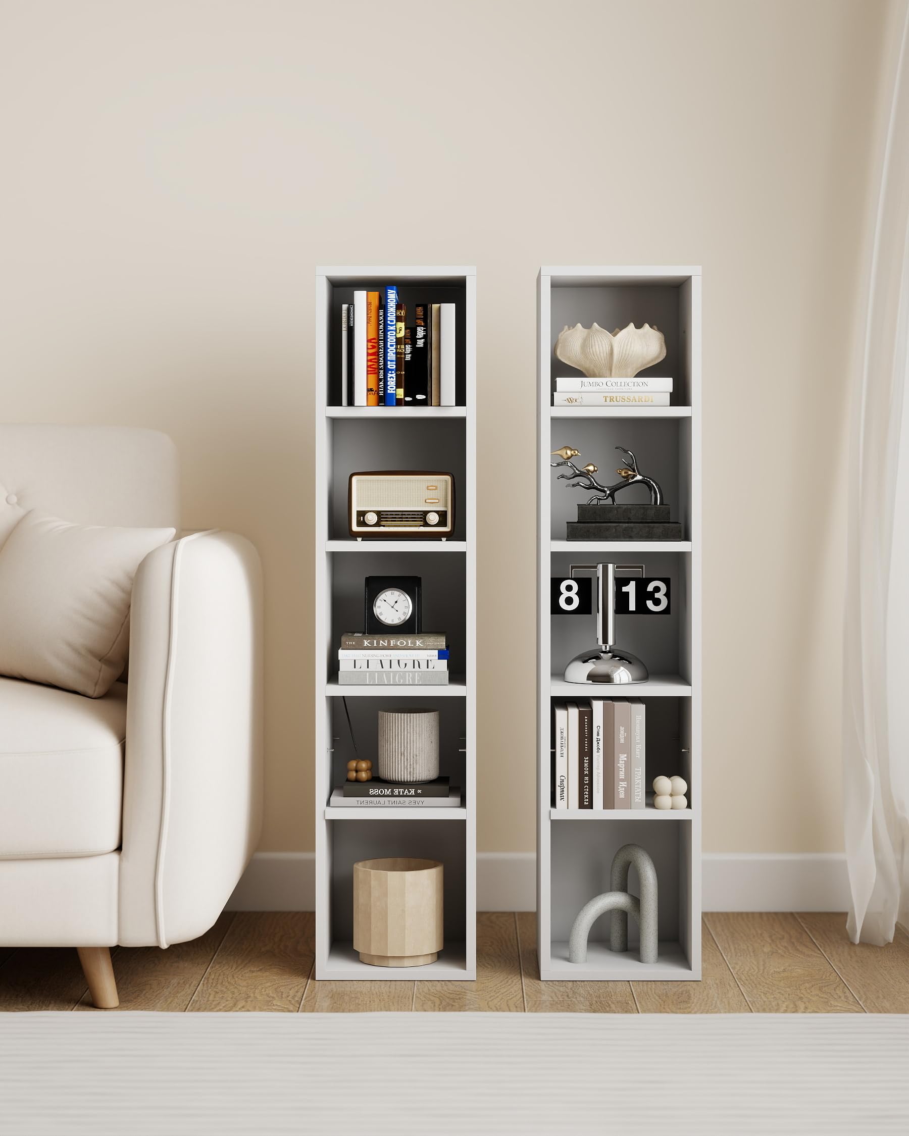 CD Regal schmal Weiß Hochglanz 10 Fächer 20 x 17 x 200 cm Standregal für CDs DVDs schmales Bücherregal