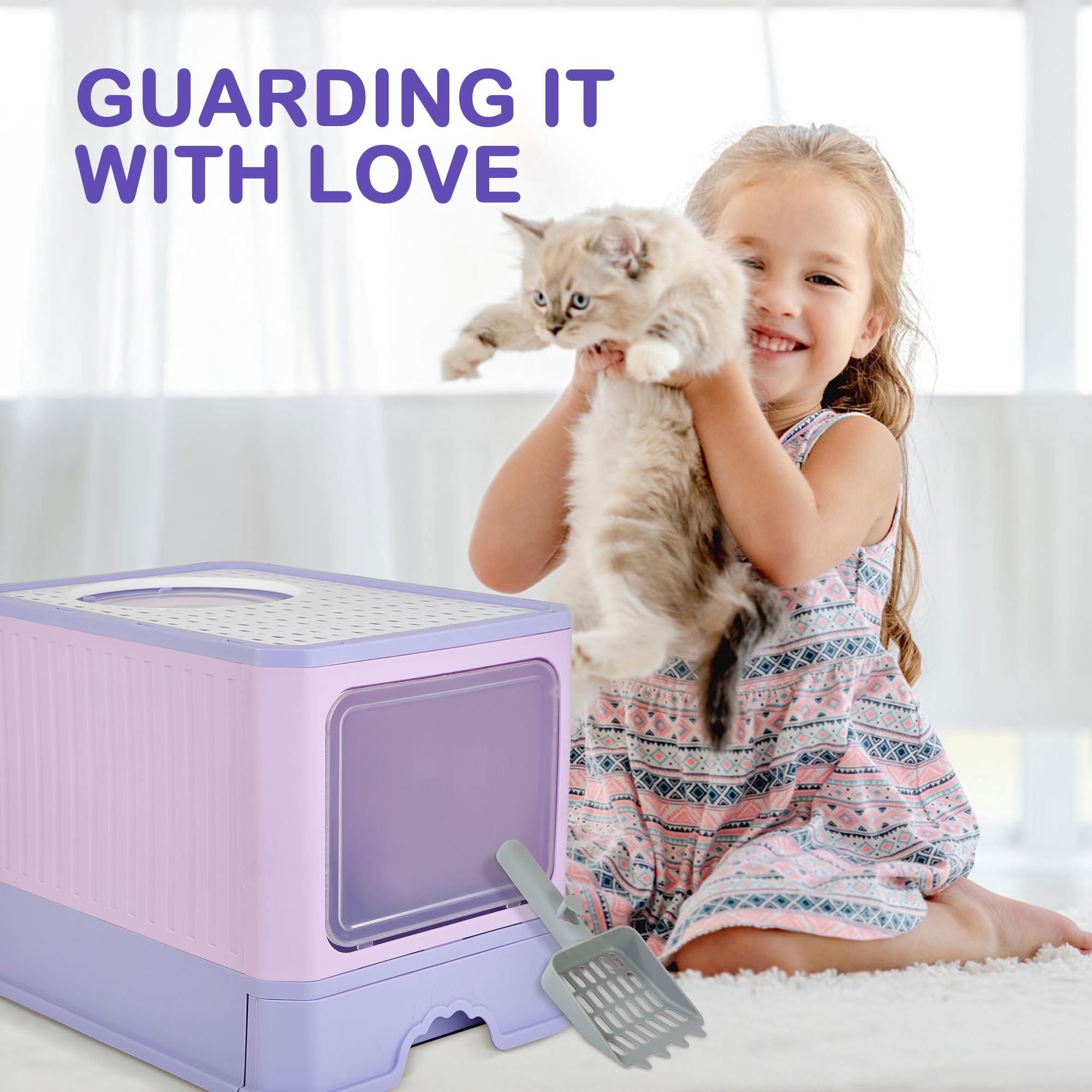 Cat Litter Box with Scoop, Large Foldable Litter Box with Lid, Front Entry Top Exit Kitty Box, Odor Control, Easy to Clean (Purple)