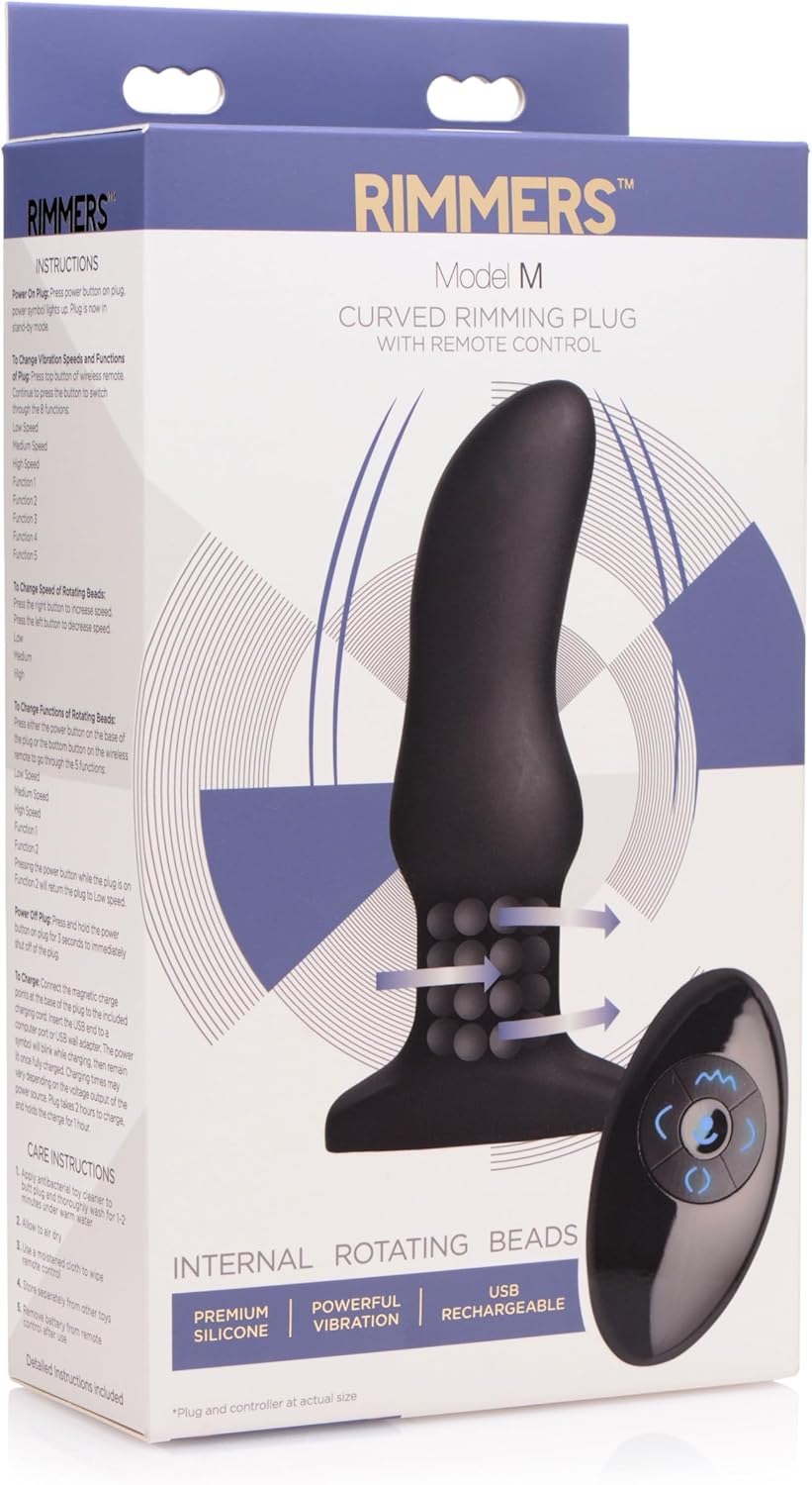 Rimmers Curved Rimming Plug with Remote, Model M, Black | Butt Plug with Rotating Beads in the Shaft Designed to Stimulate, for Men and Women | Made with Premium, Body Safe Silicone