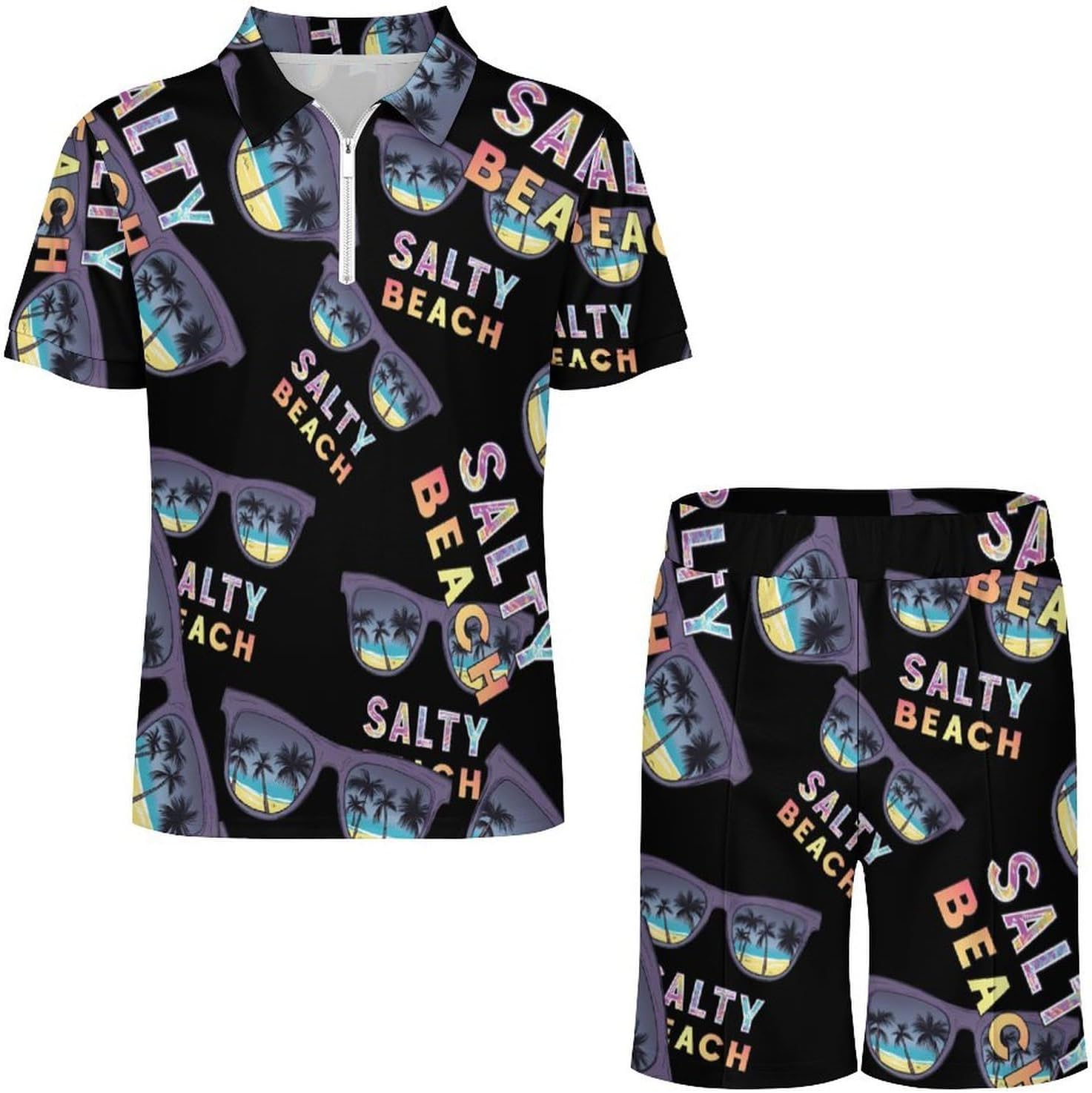 Beach Vacation Printed Mens Polo Shirts Track Suits 2 Piece Short Sleeve Sweatsuit 1/4 Zip Golf Loungewear for Sports