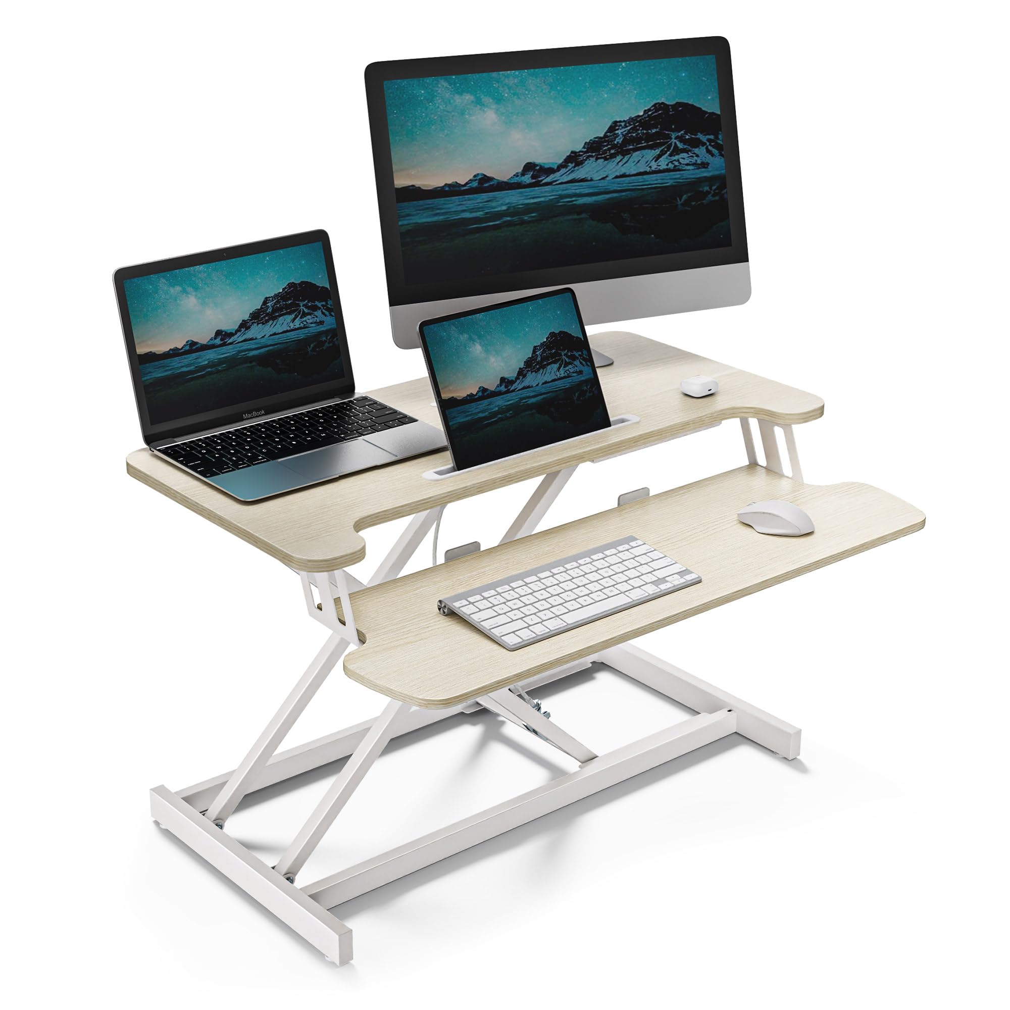 VonHaus Standing Desk Converter, Height Adjustable Computer Workstation with Keyboard Shelf, Dual Monitor Desk Riser w/Tablet Holder - 80x40cm (Light Wood) โ image 1