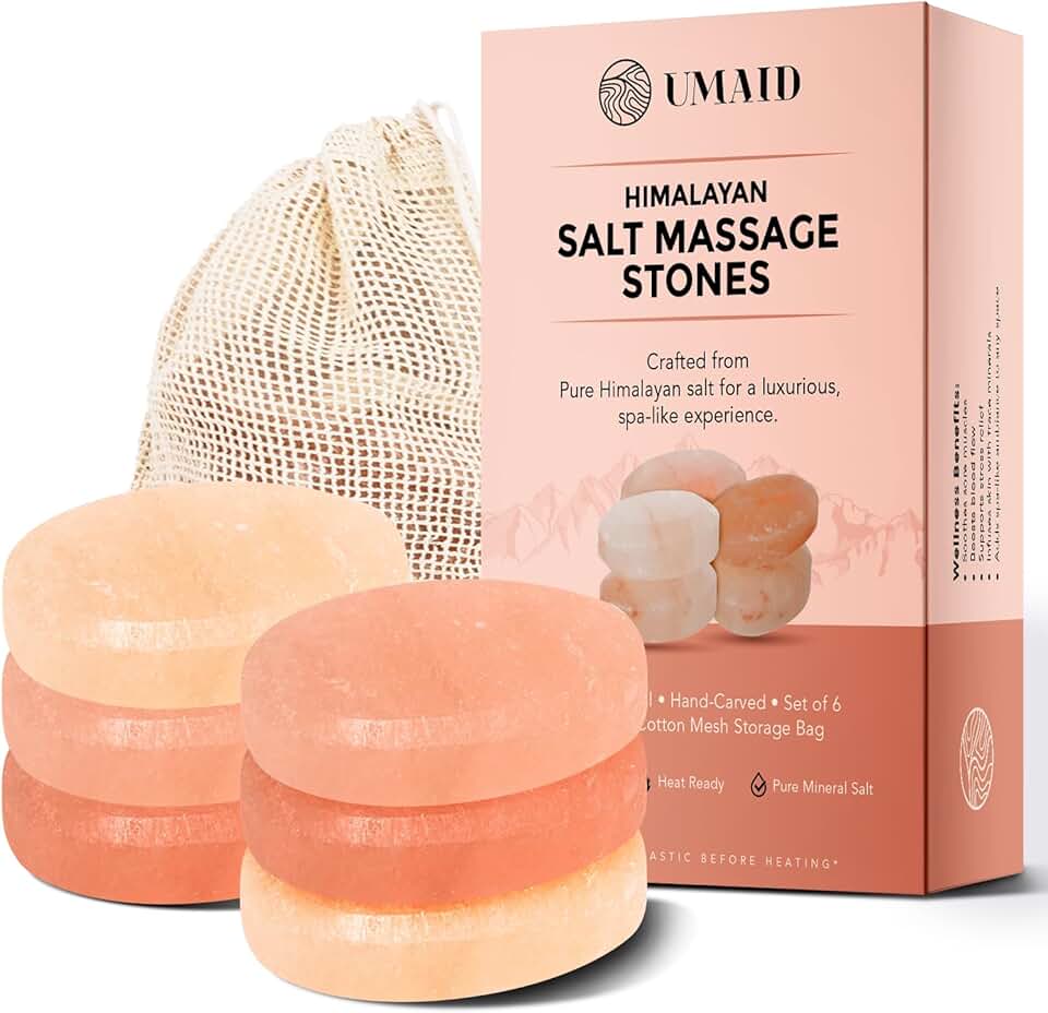 UMAID Himalayan Salt Massage Stones 6-Pack with Cotton Mesh Bag Hand-Carved Pink Crystal Spa Stones for Relaxation, Self-Care &amp; Holiday Gifting