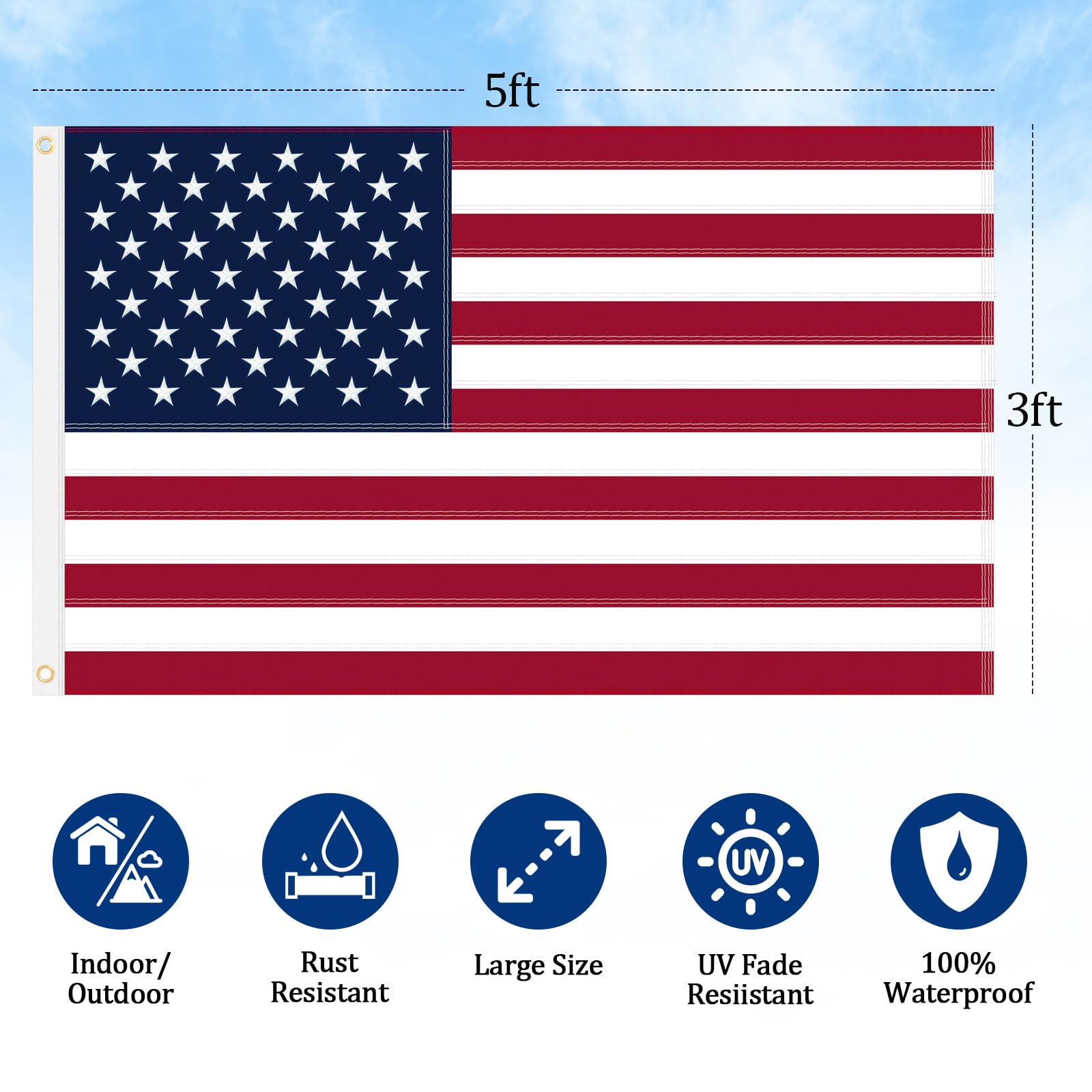 American Flag 3x5 FT American Flags for Outside | USA Flag 3 X 5 Heavy Duty Outdoor US Flags with Embroidered Stars, Sewn Stripes, Thick Spun Polyester Vivid Color UV & Fade Resistant, Brass Grommets