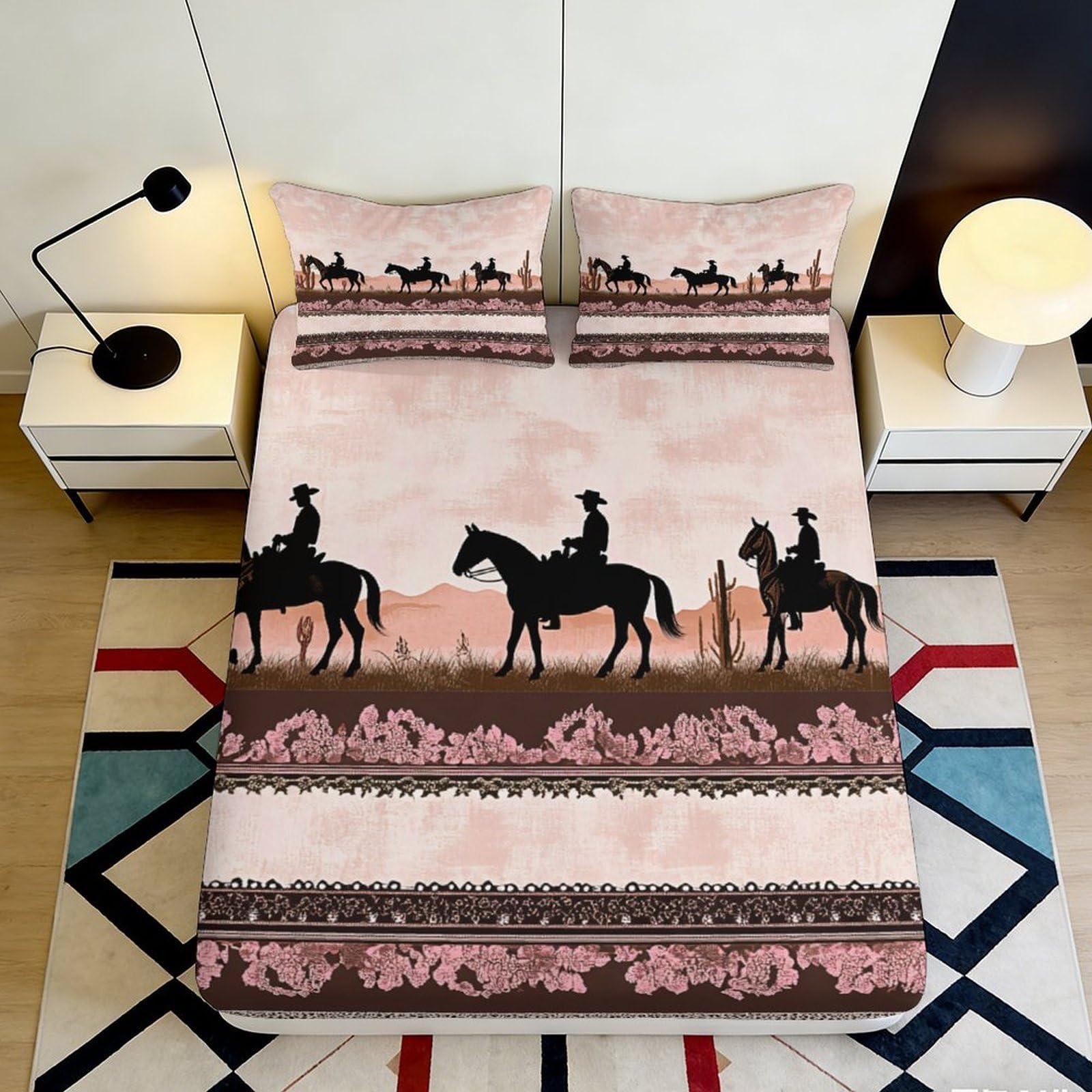 3D Printed Western Cowboy Pattern Fitted Sheet Microfiber Soft Durable Horse Silhouette Bed Cover for Bedroom Dormitory Guest Room Mattress Protection 160x200x25cm