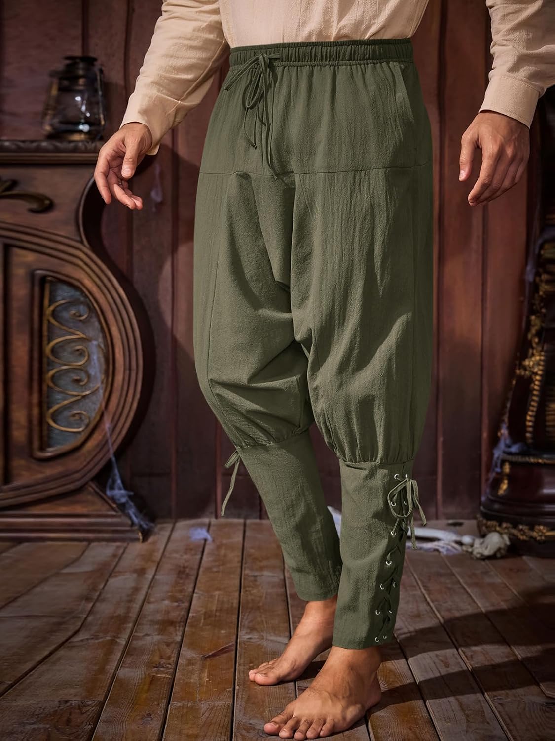 Runcati Mens Medieval Ankle Banded Pants Renaissance Viking Pirate Navigator Costume Pants Lace Up Cotton Halloween Trousers - Image 2