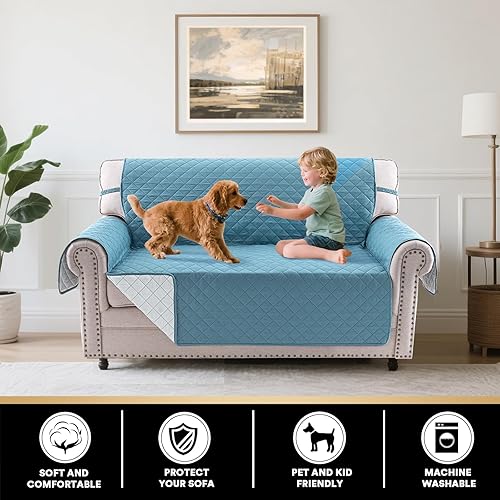 Miniatura 3 de PrinceDeco Funda de sofá reversible lavable para sofá de 2 plazas, protector de muebles con correas elásticas para mascotas, niños, perros y gatos