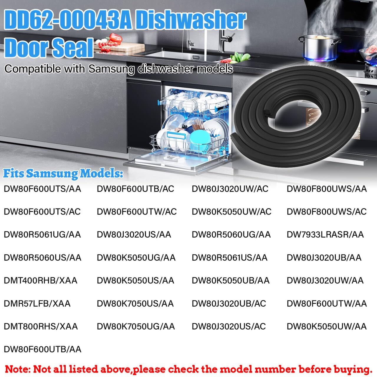 Upgraded DD62-00043A DW80F600UTS DW80R5060US DW80J3020US DW80R5061UG Dishwasher Gasket Door Seal Compatible with Samsung Dishwasher Parts,DD62-00043A for Samsung Dishwasher Tub Gasket Front Door Seal