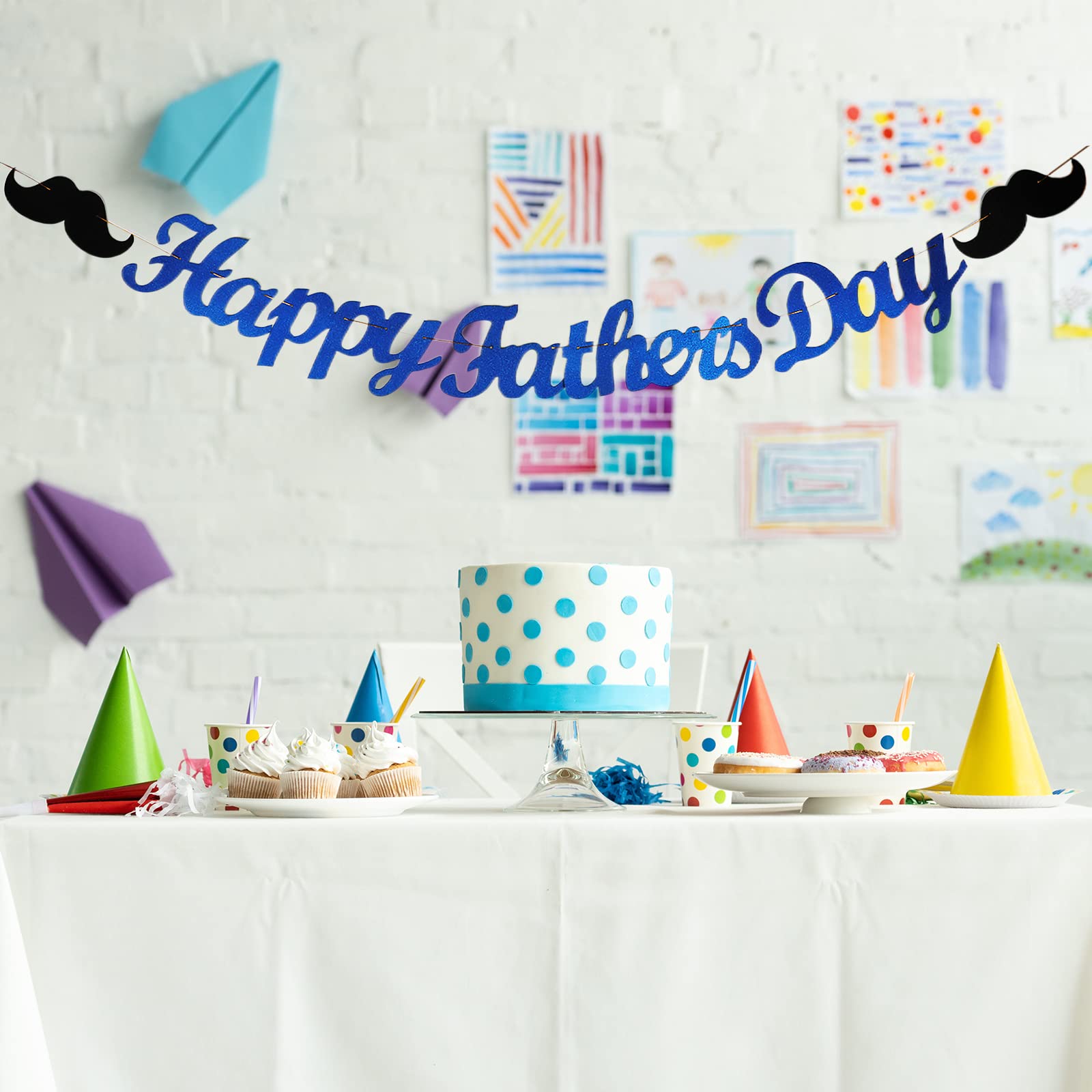Vatertags-Dekoration Banner – Glitzer-Blau \"Happy Fathers Day\" Mit Bart-Motiv, Für Party-Deko & Foto-Hintergrund