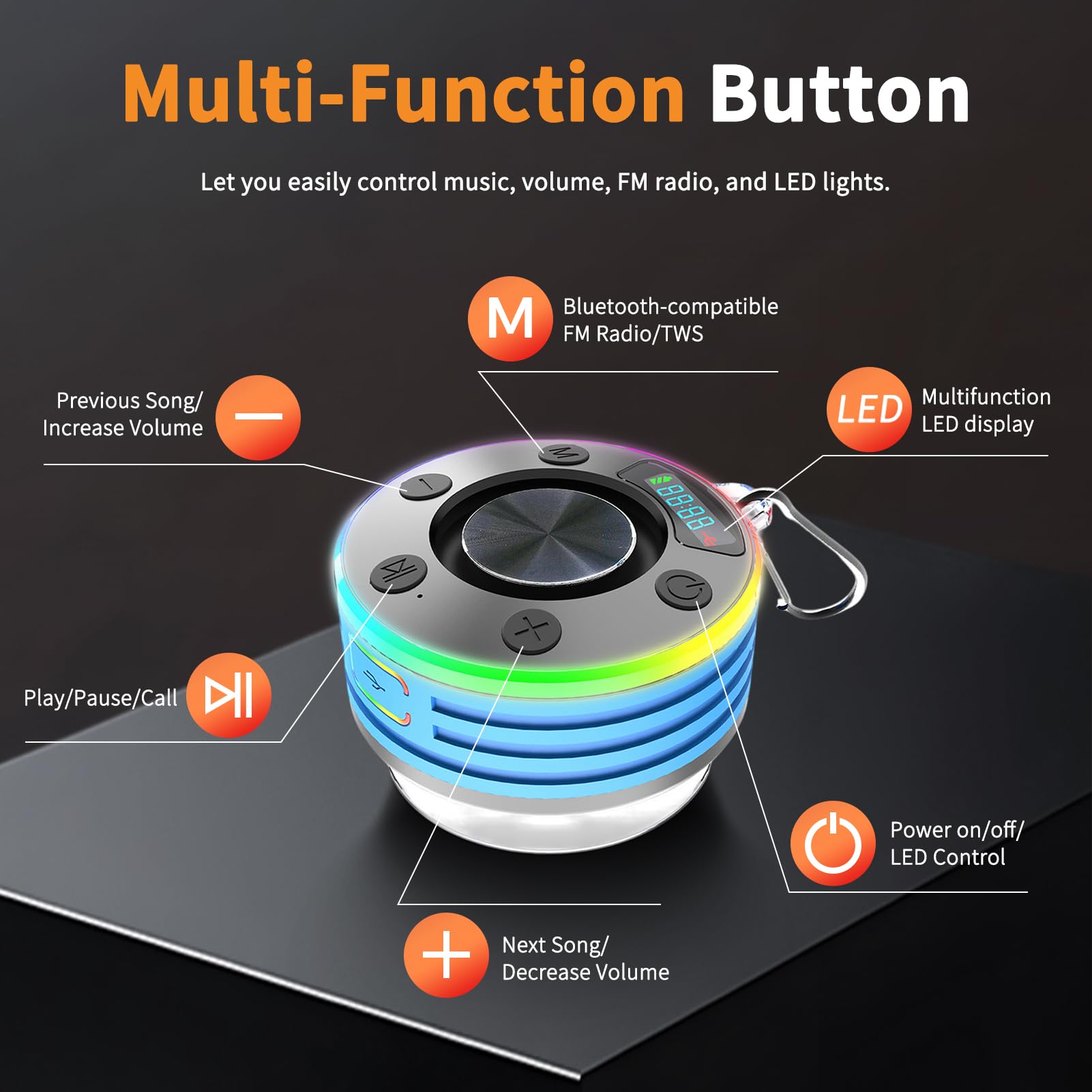 Enceinte Bluetooth Douche, 5.3 FM Radio de Douche Portable avec avec HD Mic, 360° stéréo, Lumière LED, avec Ventouse, Étanche IP7 pour Salle de Bain,Extérieur (Bleu)