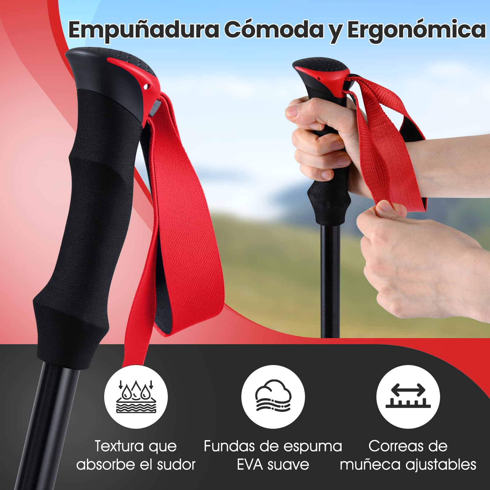 COSTWAY Bastones de Senderismo Plegables, Bastones Trekking de Aleación de Aluminio, Marcha Nordica, Ajustable 115-130CM, Mango de EVA, Correa Ajustable, Accesorios Todoterreno