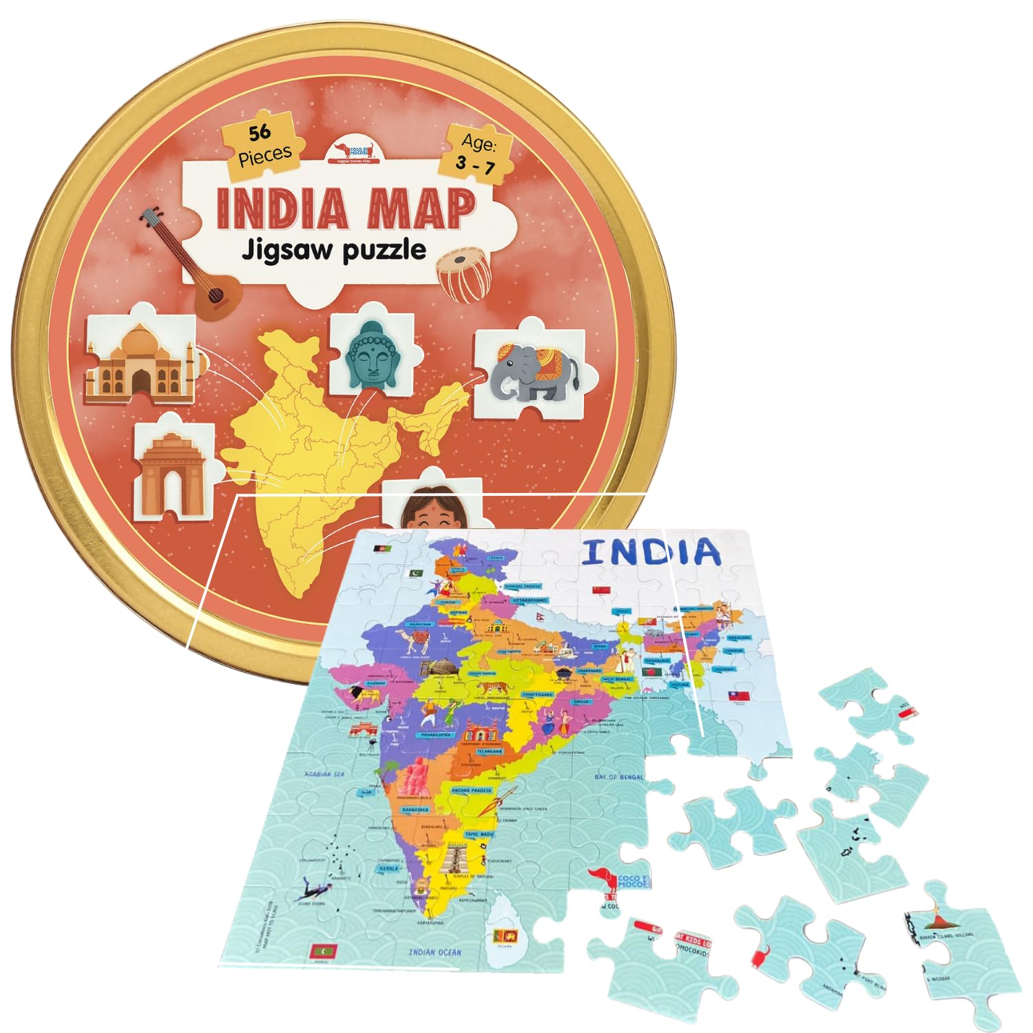 India Map Jigsaw Puzzle for Kids, Toddlers - 56 Pieces Puzzle with States, Dances, Monuments and More, Educational Toy Birthday Return Gift for 2-7 Years by CocoMoco (B07VGP1FQW) Amazon Price History, Amazon Price Tracker