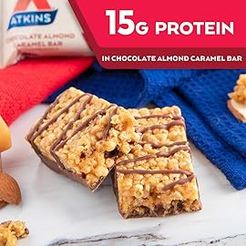 Atkins Chocolate Almond Caramel Protein Meal Bar, High Fiber, 15g Protein, 1g Sugar, 3g Net Carbs, Meal Replacement, Keto Friendly, 8 Count