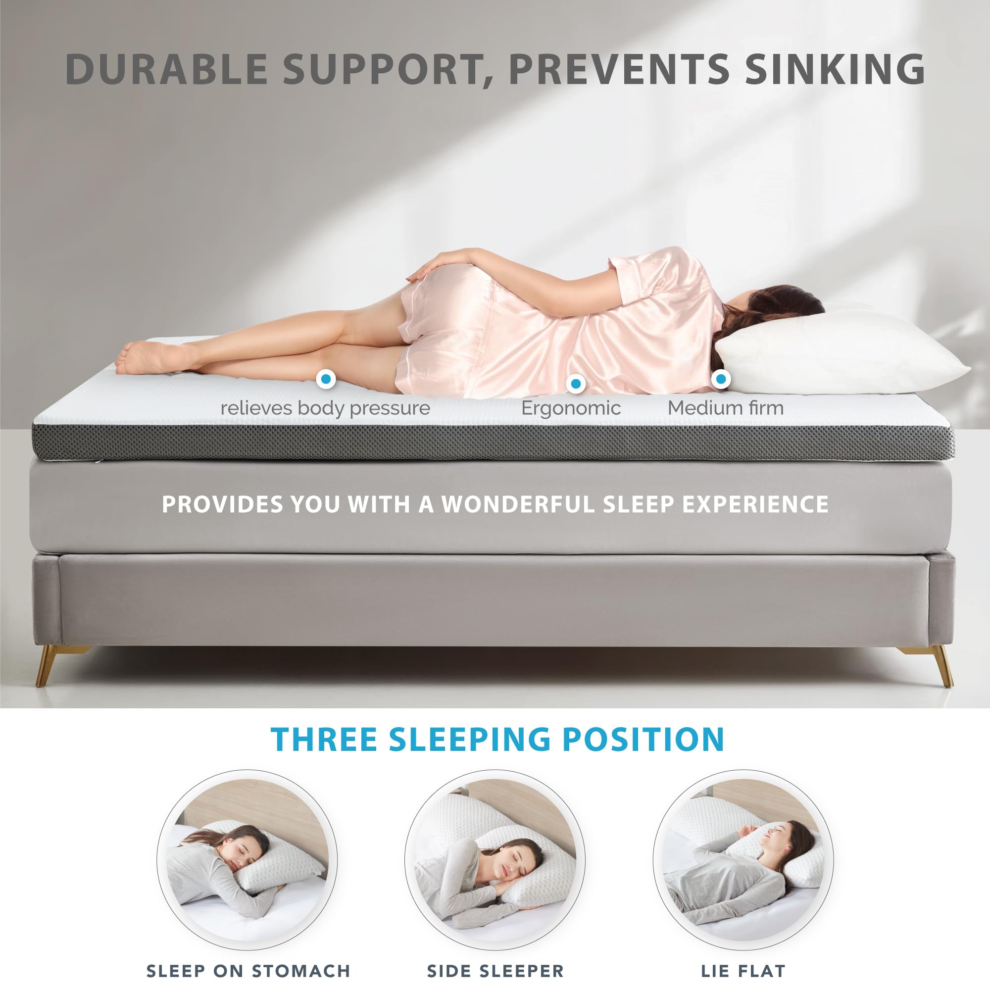 Degrees of Comfort Surmatelas en mousse à mémoire de forme hypoallergénique de 8 cm d'épaisseur avec maille de circulation d'air et housse douce, lavable, antidérapante pour les maux de dos et le