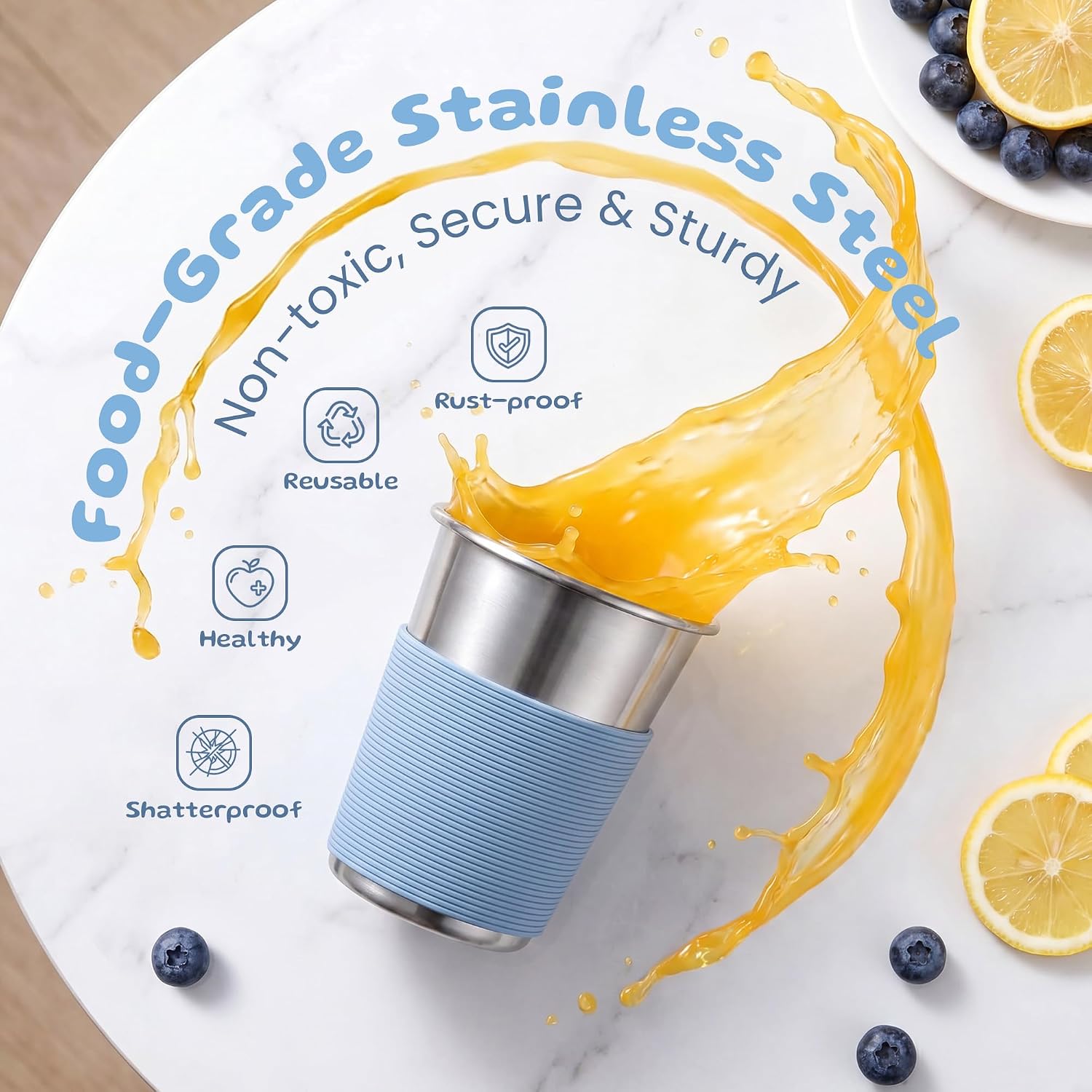 E-far Stainless Steel Cups for Kids 8oz(4 Pack), Children's Pint Cups