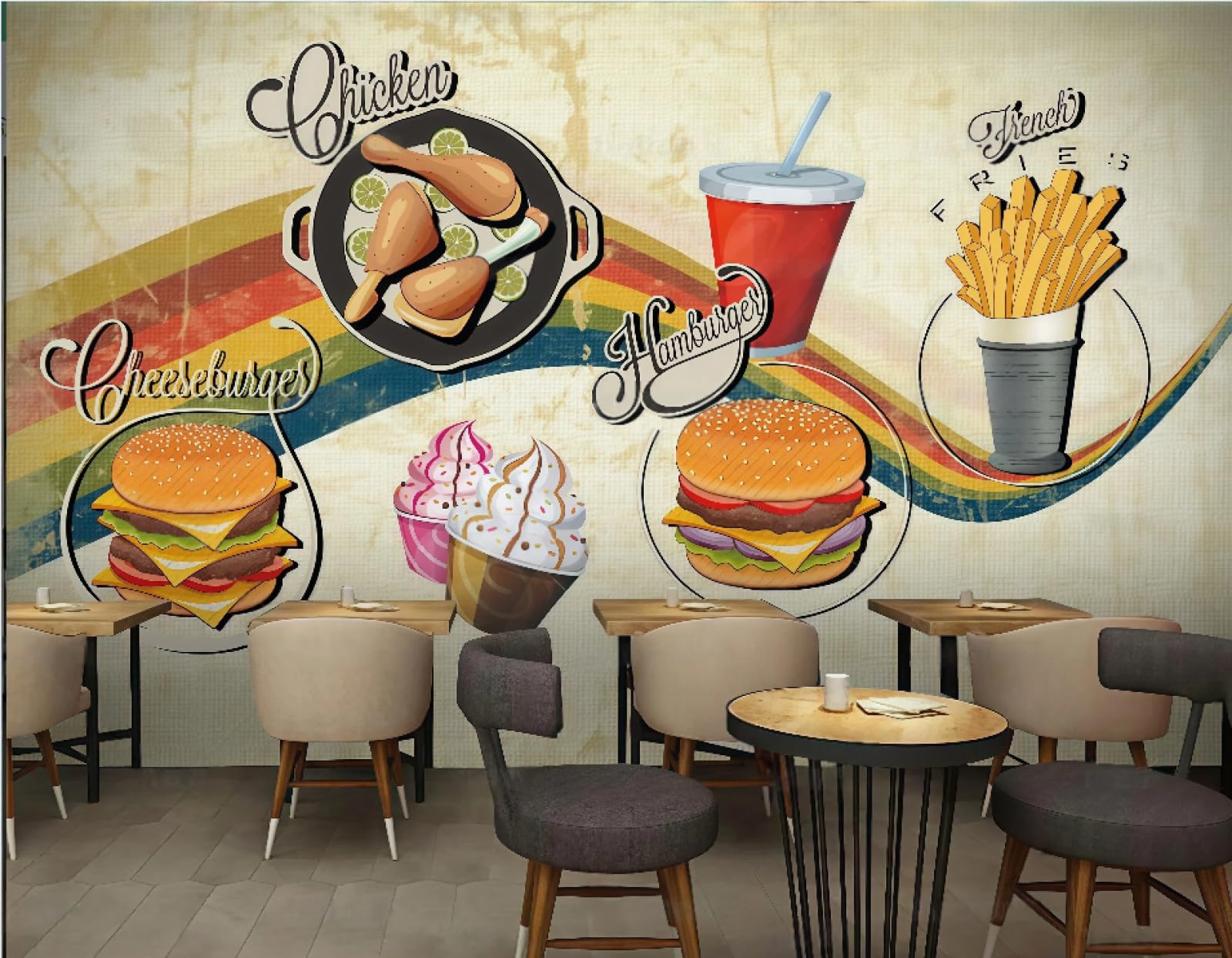 XDOUBAO Wallpaper Fashion Hand-Painted Burger Theme Fast Food Snack Bar Afternoon Tea Western Restaurant Background Wall Wallpaper Coffee Shop Mural,3D,150x105cm