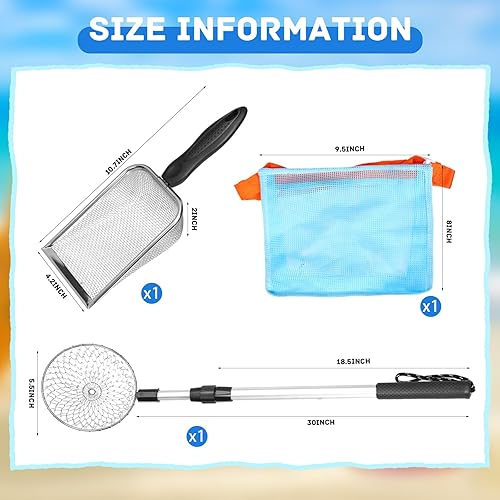 Miniatura 2 de MBJZSL 6 herramientas de pelado para playa, tamiz de dientes de tiburón, tamiz de arena con mango largo ajustable, bolsa de playa de malla y pala de