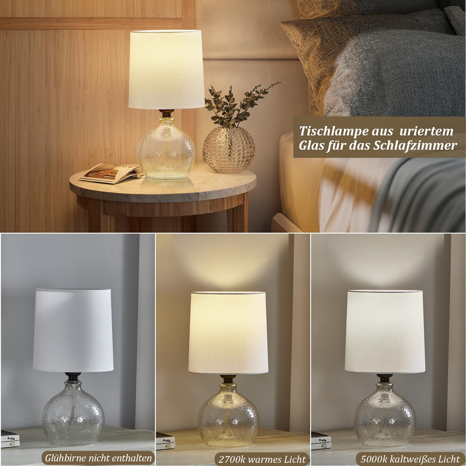 GyroVu Nachttischlampen 2er-Set, Kleine Bedside Lamp mit Lampenschirm und Glasfuß, E27 Fassung, Modern Tischlampe für Schlafzimmer Wohnzimmer Büro