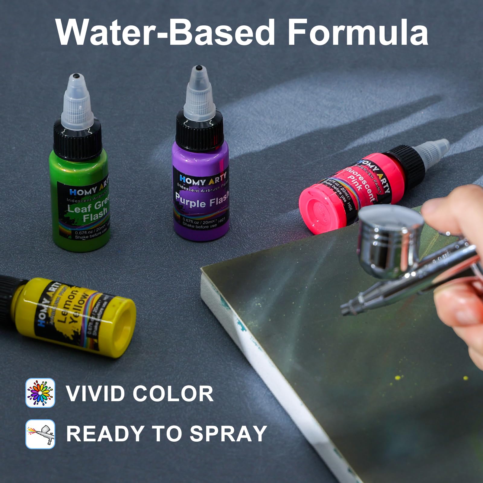 HOMY ARTY Airbrush Farbe - 42 Farben mit 6 Verdünner & 500 ml Reiniger mit Pinsel, bereit zum Sprühen Airbrush Farben, Airbrush Lack für Metall, Kunststoffmodelle, Holz, Leinwand, 20 ml/Flasche