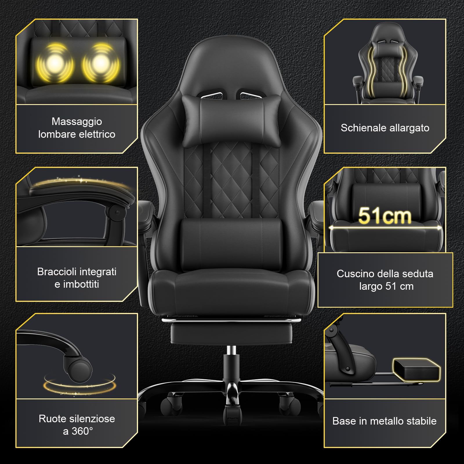 JUMMICO Sedia da Gaming Massaggiante con Poggiapiedi Telescopico, Sedia Gamer con Cuscino Lombare & Poggiatesta, Ergonomica Sedia da Ufficio Schienale Regolabile, Portata 150 kg (Nero)