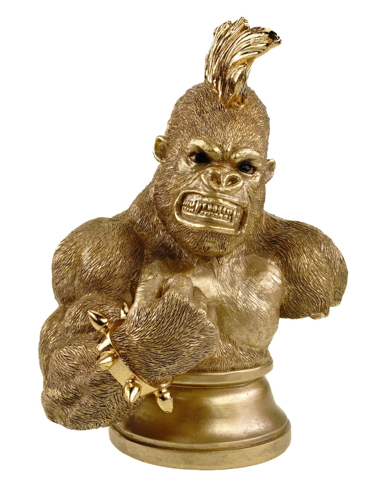 Kremers Schatzkiste Decorazione XXL in poliresina dorata, 30 x 23 x 17 cm, gorilla muscolosa con irochesi, posa combattimentica, figura di animali ricca, decorazione per il soggiorno e l'ufficio