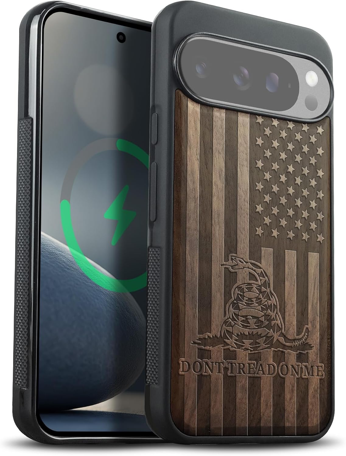 Carveit Magnetic Wooden Case for Google Pixel 10 / Pixel 10 Pro Case, Wood Engraved & Soft TPU Shockproof Cover, Compatible with MagSafe Wireless Chargers (Gadsden and The American Flag) Walnut
