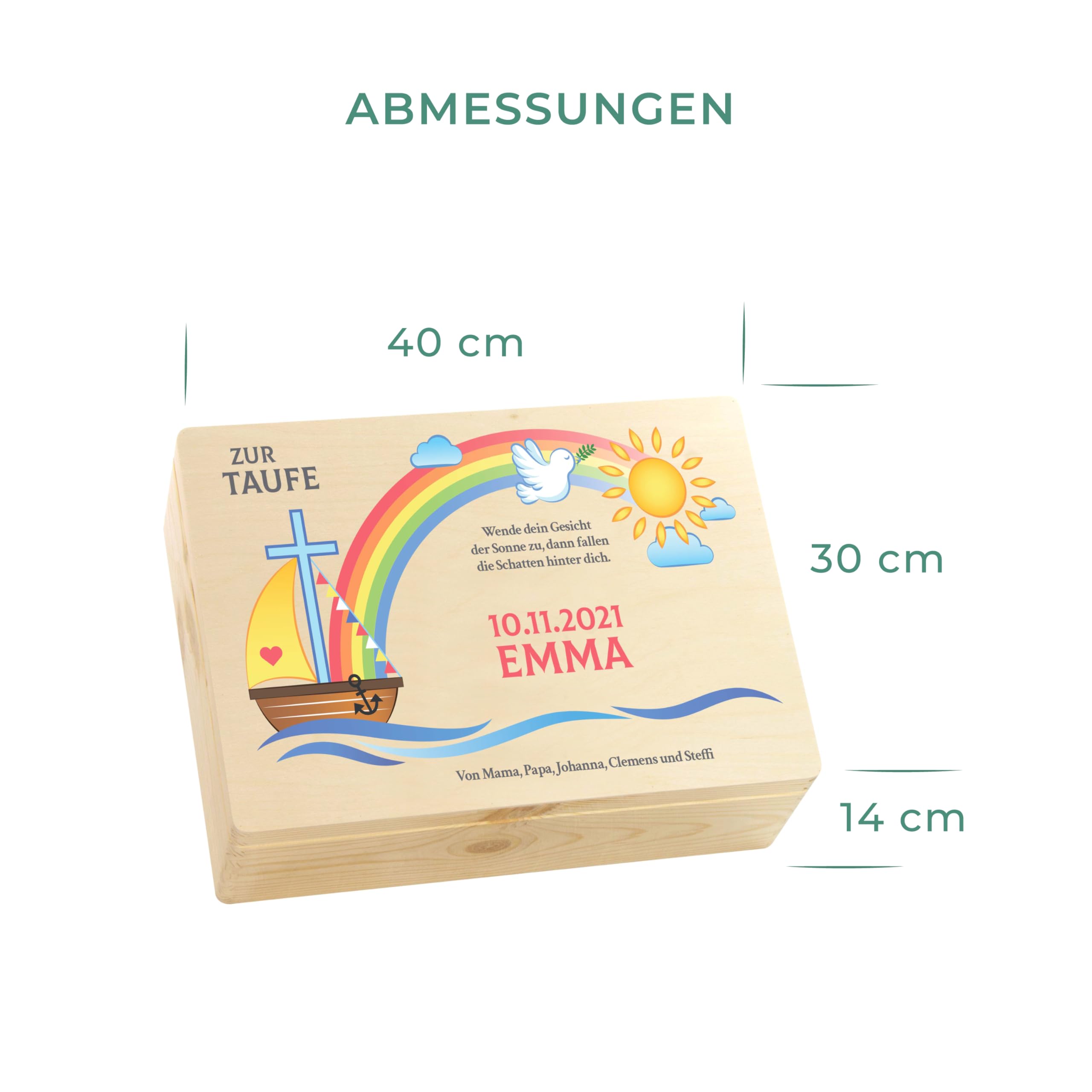 LAUBLUST Holzkiste zur Taufe - Nach der Sintflut Farbmotiv - Personalisiertes Taufgeschenk - 40 x 30 x 14 cm, Natur, FSC®