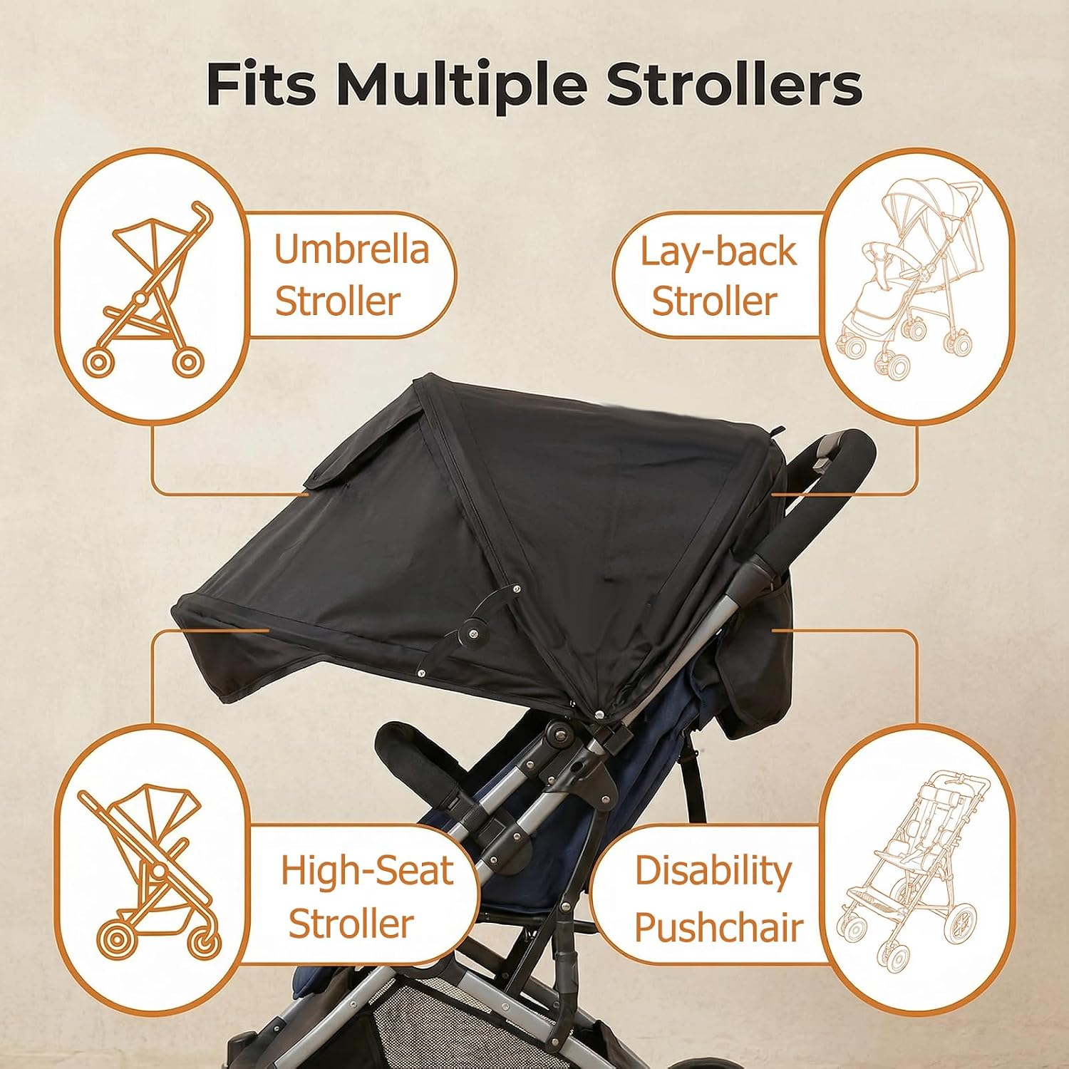 Baby Stroller Sun Shade Umbrella Stroller Canopy Replacement Retractable Stroller Replacement Parts Shade for Pram Pushchair Buggy Parasol Sun with Mesh Window Pocket Adjustable