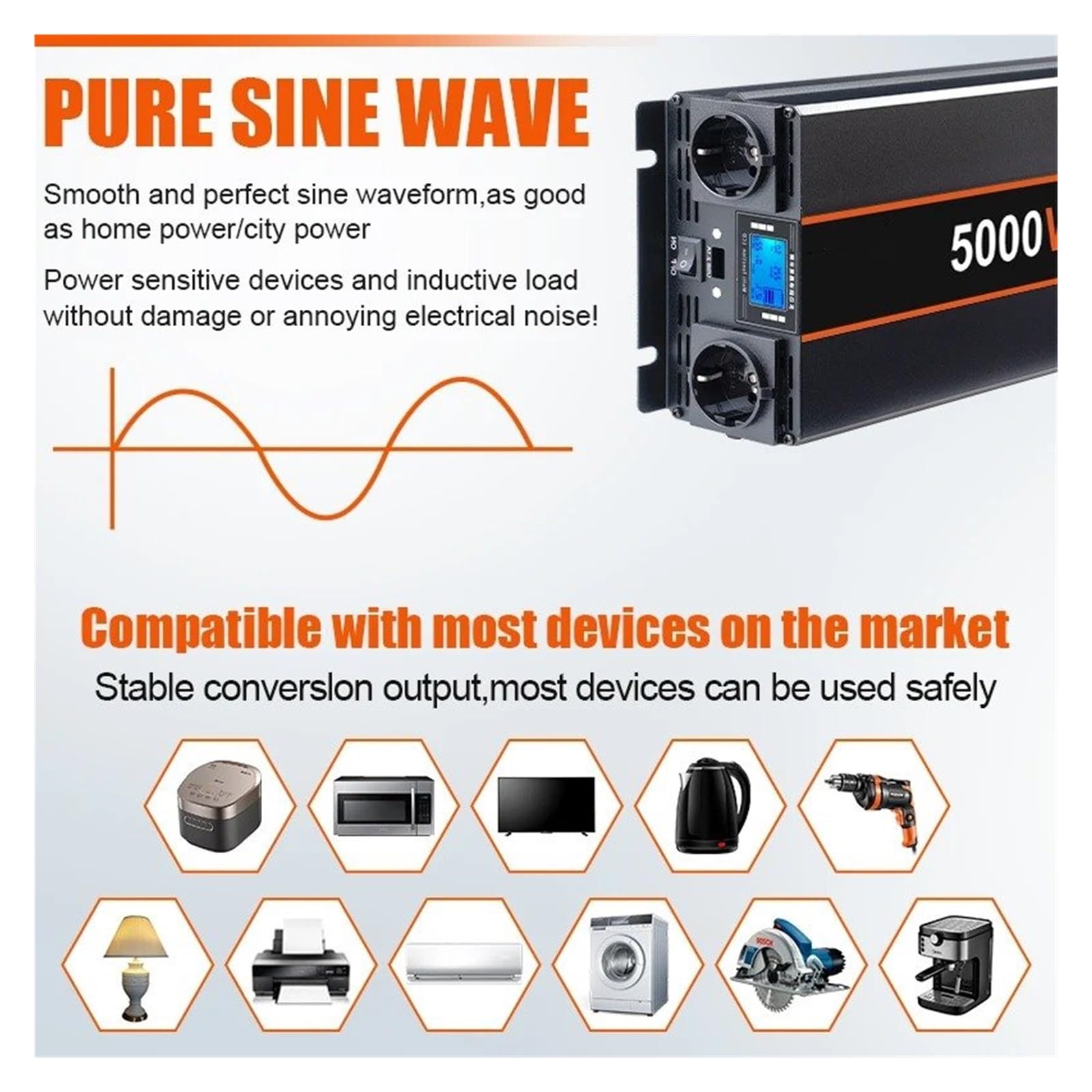 Power Inverter Convertitore Micro Inverter Per Auto, Camper, Casa, 5000 W/4000 W/3000 W, Convertitore Di Tensione A Onda Sinusoidale Pura Da 12/24 V CC A 220 V.(12V,3000W)