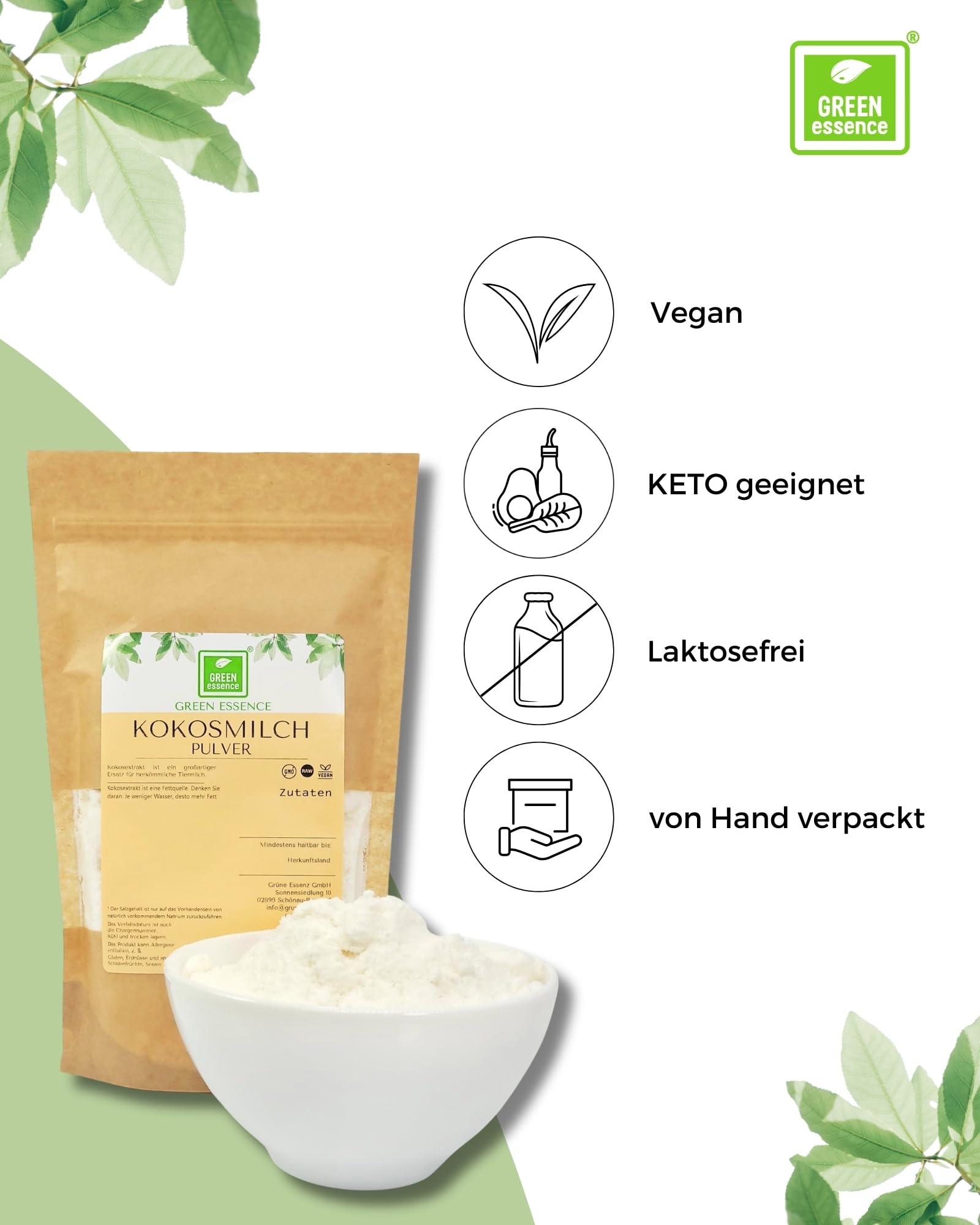 Kokosnussmilchpulver 1000 g (2*500g) von der Grünen Essenz - Kokos Milch Pulver getrocknet - Vegan - Proteinpulver - für pflanzliche und laktosefreie Getränke - vegane Milch ohne Zucker (1000 Gramm)
