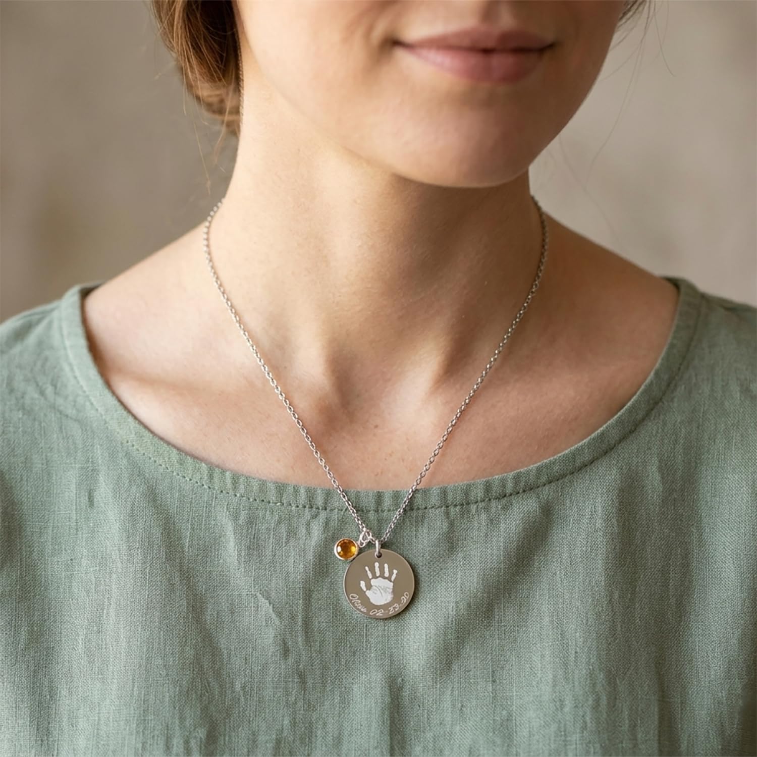 Actual Handprint Engraved Necklace Stainless Steel Baby Footprint Pendant Personalized Memorial Jewelry New Mom Gift