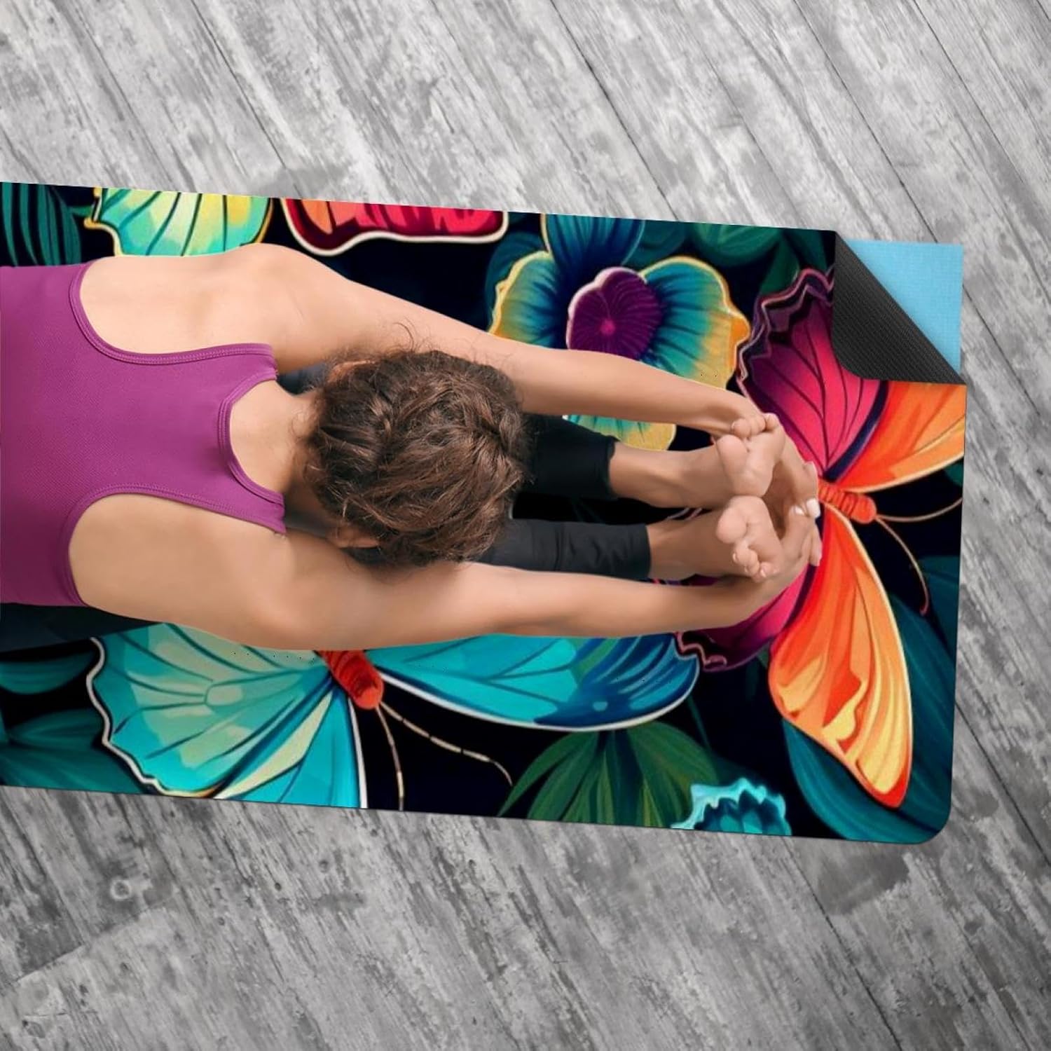 Yoga Towel, Flower Butterfly Pattern Non Slip Sweat Absorbent Hot Yoga Mat Towel for Hot Yoga, Pilates and Fitness - 72.8" x 26.8"