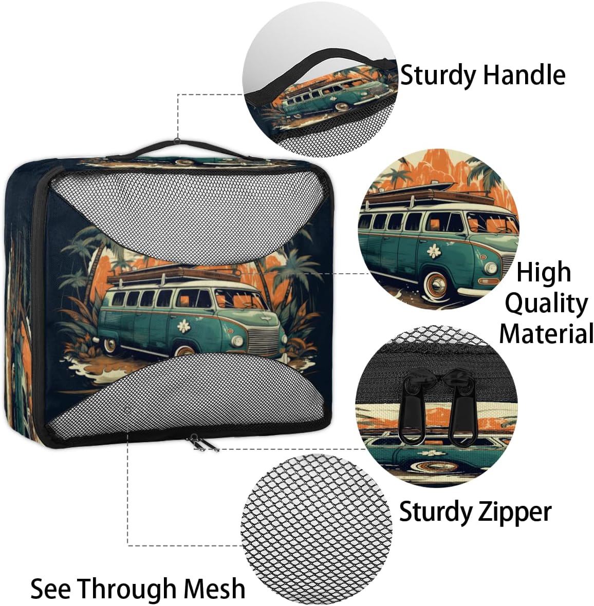 Palm Trees Bus Pattern 4 Set Packing Cubes Packing Cubes for Women Lightweight Travel Essential Bag Clothes Carry on Suitcase Bags for Accessories Essentials