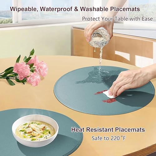 Miniatura 5 de Juego de 6 manteles individuales redondos de vinilo azul, de piel sintética, impermeables, lavables, resistentes al calor, manteles individuales