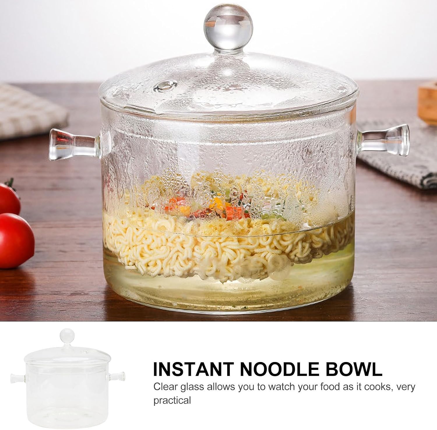 Noodle Bowl Oven Safe and Dishwasher Safe Double Handle Borosilicate Glass with Lid Stewpot for Kitchen and Home Use