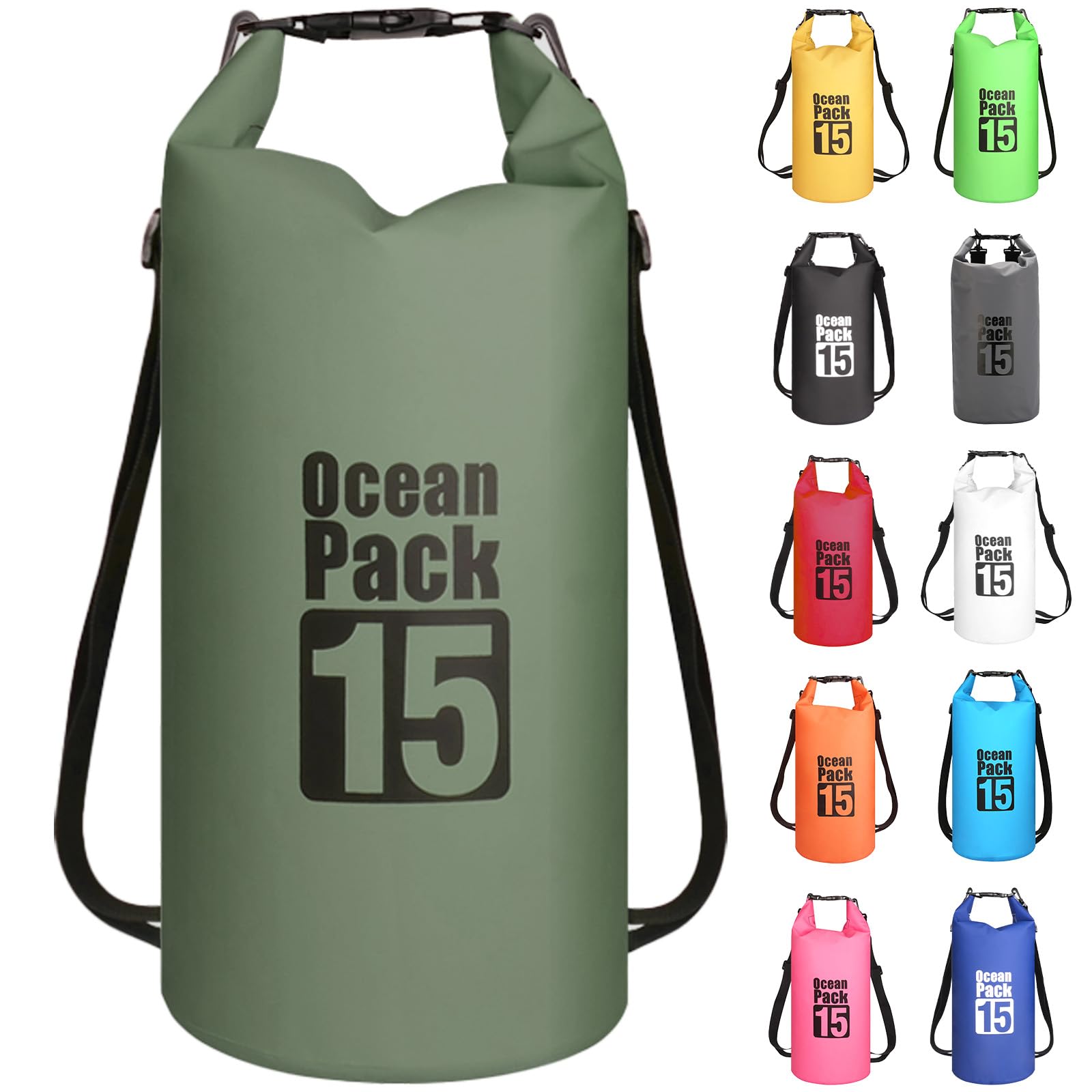 MORAINJAY 15L Sage Green Dry Bag,Waterproof Bag with Double Adjustable Shoulder Strap,Middle Capacity Dry Sack 2L 5L 10L 15L 20L 30L for Outdoor Camping,Rafting,Swimming,Boating,Surfing