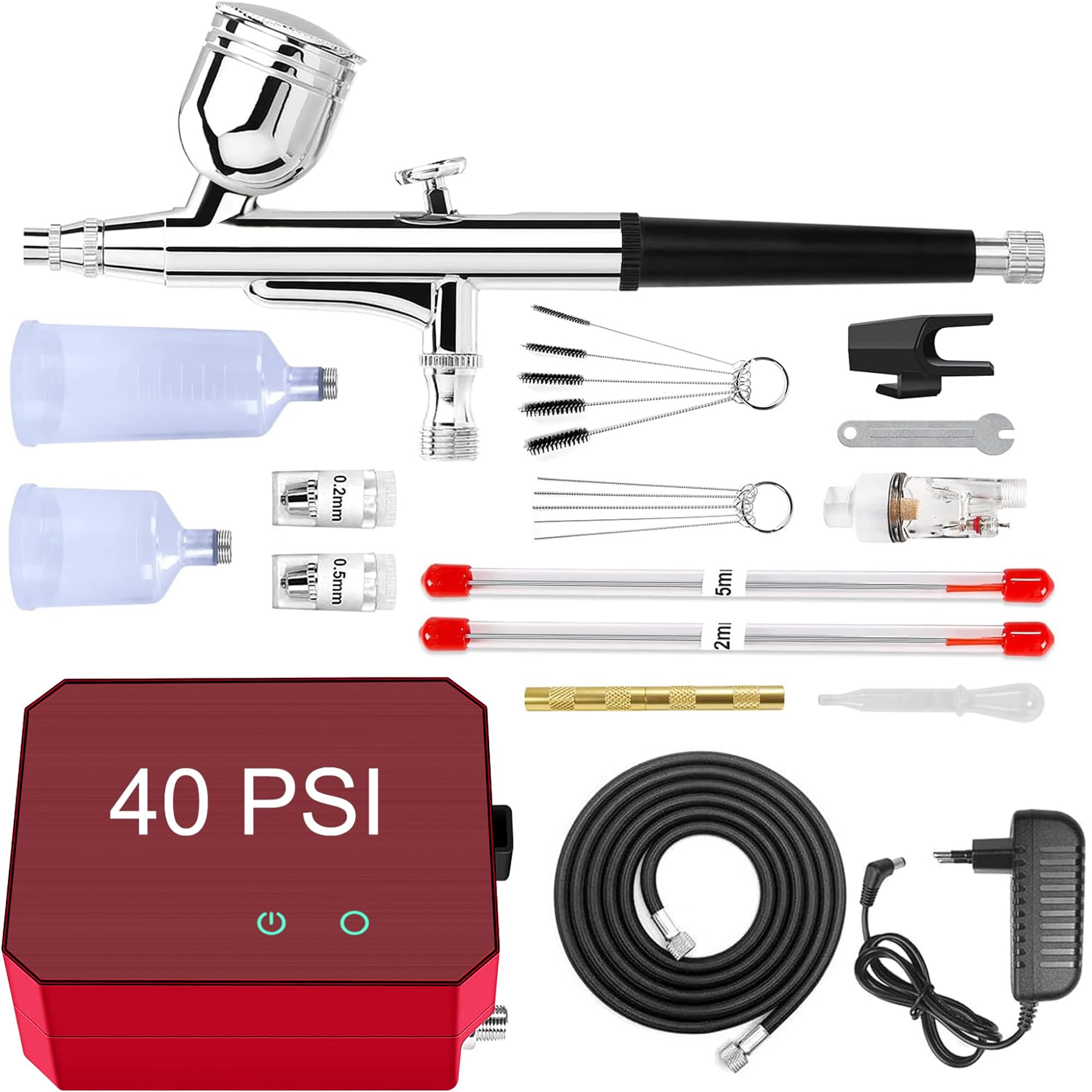 40PSI Airbrush Set Kompressor Dual Action 3 Modi 0,3/0,3/0,5mm Düse 9CC Tasse Airbrush Pistole für Makeup, Kunsthandwerk, Nageldesign, Tattoo-Modellierung, Malerei, Rot