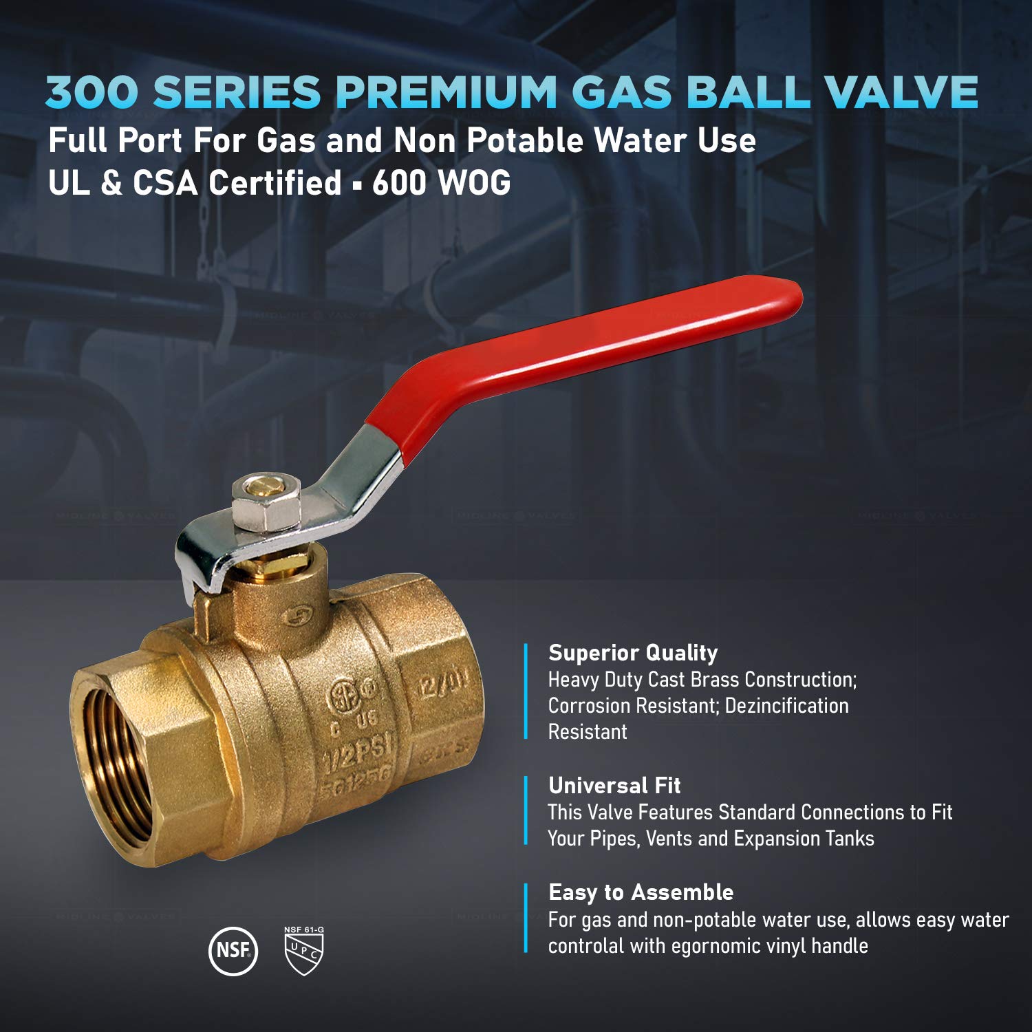 Midline Valve 522T226 Premium Messing Gas Kugelhahn mit 4 Zoll FIP Anschlüssen