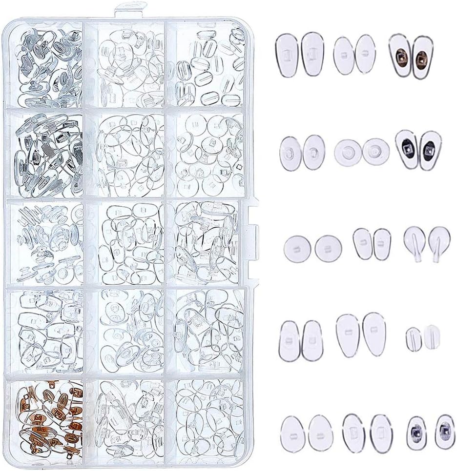 150pcs Nose Pads Set, 15 Styles Ultra-Soft PVC Anti-Slip Eyeglass Nosepads Kit with Storage Box for Glasses & Sunglasses Repair