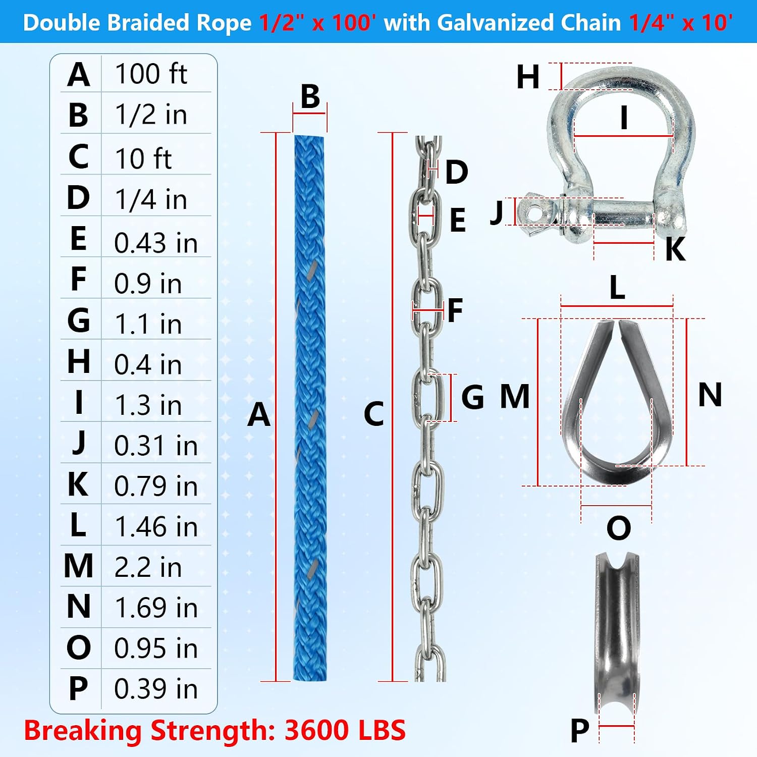 1/2" Anchor Rope 100 FT with 1/4" x 10 FT Galvanized Chain, Double Braided Anchor Line with Thimble & Shackle, Boat Anchor Rope with Reflective Strip for Towing, Mooring, Deck, Boats Up to 35' - Blue
