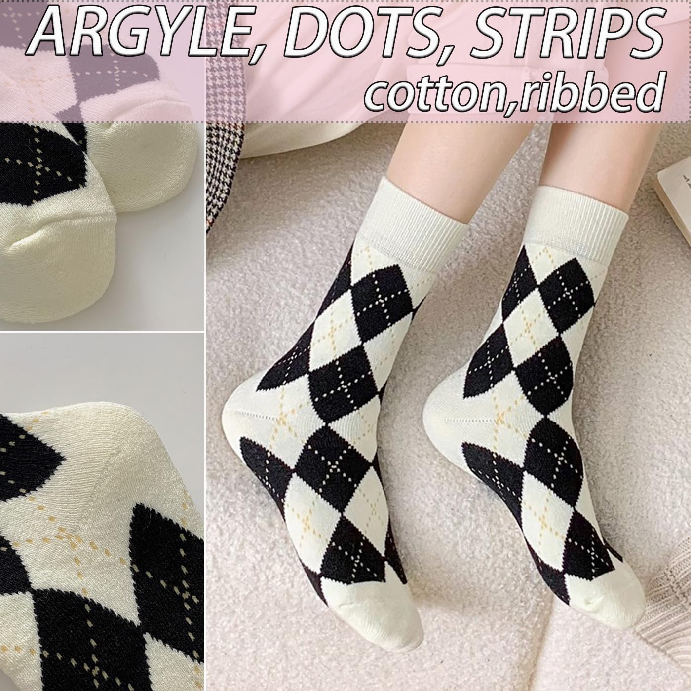 CHUNFO Womens Argyle Socks Casual Running Athletic White Grey Brown Plaid Crew Socks Size5-9