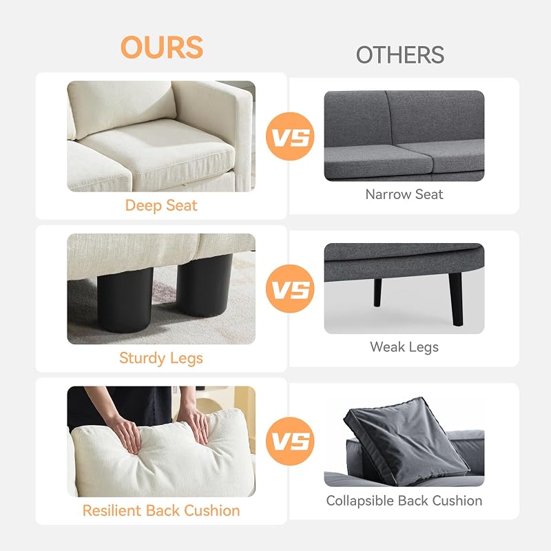WUTUTUEE 58”Modular Sectional Loveseat Sofa with Storage, Comfy Office L Shaped Sofa Couch, Chenille Love Seat Modular Sectional Couch with Movable Ottoman for Living Room, Bedroom, Beige image 6