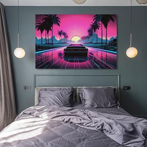 Miniatura 8 de Vaporwave - Póster e impresiones futurista de automóvil con diseño de palmera retrowave de los años 80, arte de pared para el automóvil, decoración