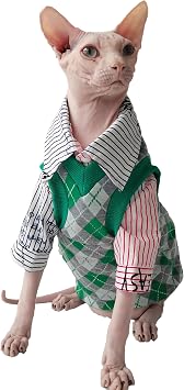 Sphynx Cat Clothes, Hairless Cat Apparel, Cat British Vintage Shirt Vest for Sphynx Cats, Pet Cat Sweaters, Devon Cornish Cat Clothing, Cat Costume Two Piece Set Medium, Only Green Check Vest