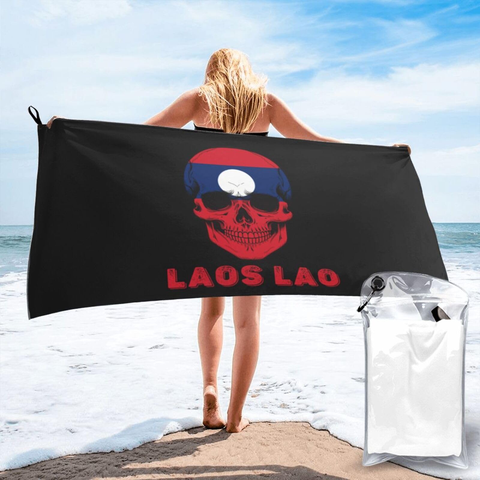 HACXZ Skull Laos Lao Flag Lightweight Absorbent Beach Towel Microfiber Beach Towel 31.5"X63"