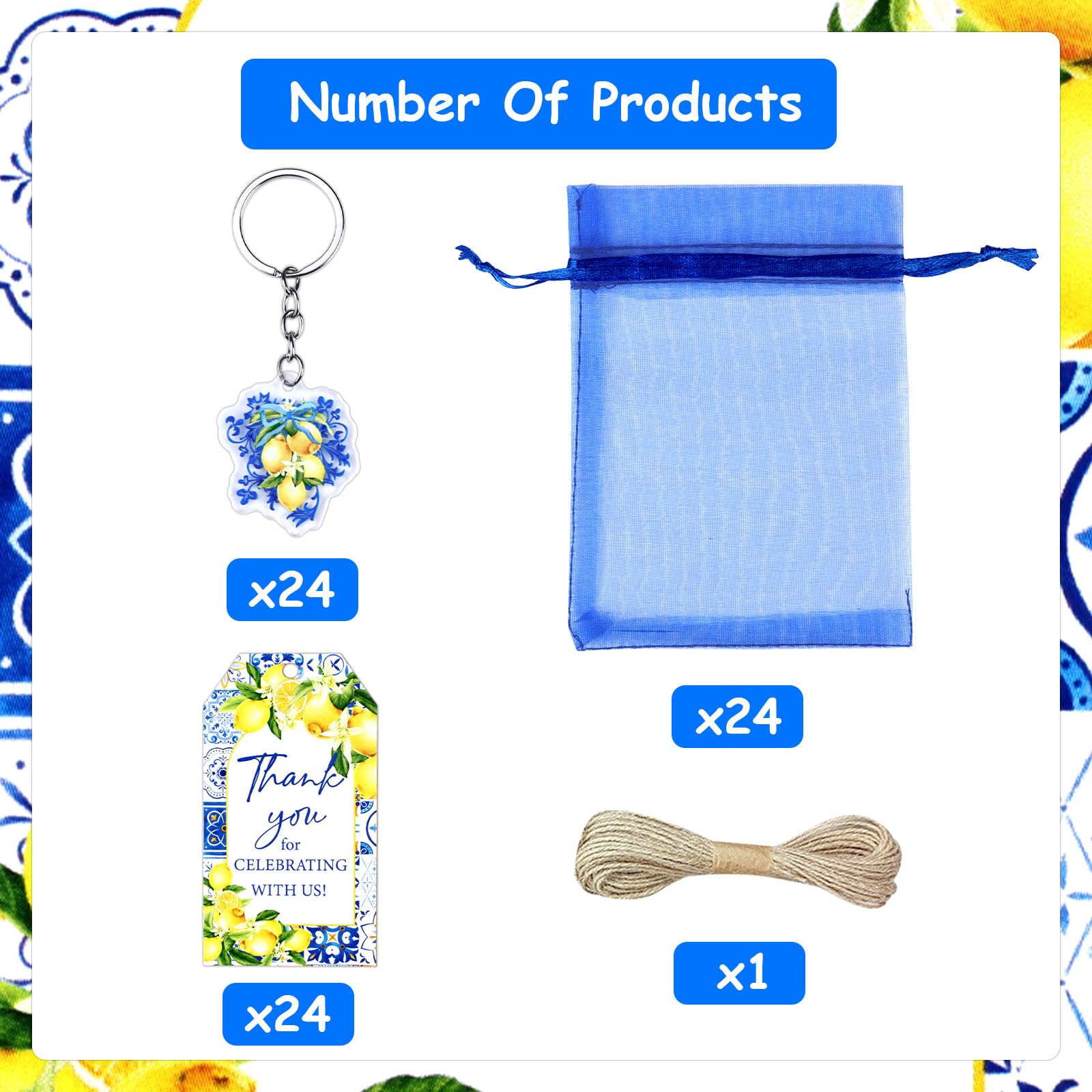 Serencatcher Lot de 72 cadeaux de fête au citron avec porte-clés en organza bleu avec cordon de serrage pour fête prénatale au citron « She Found Her Main Squeeze »