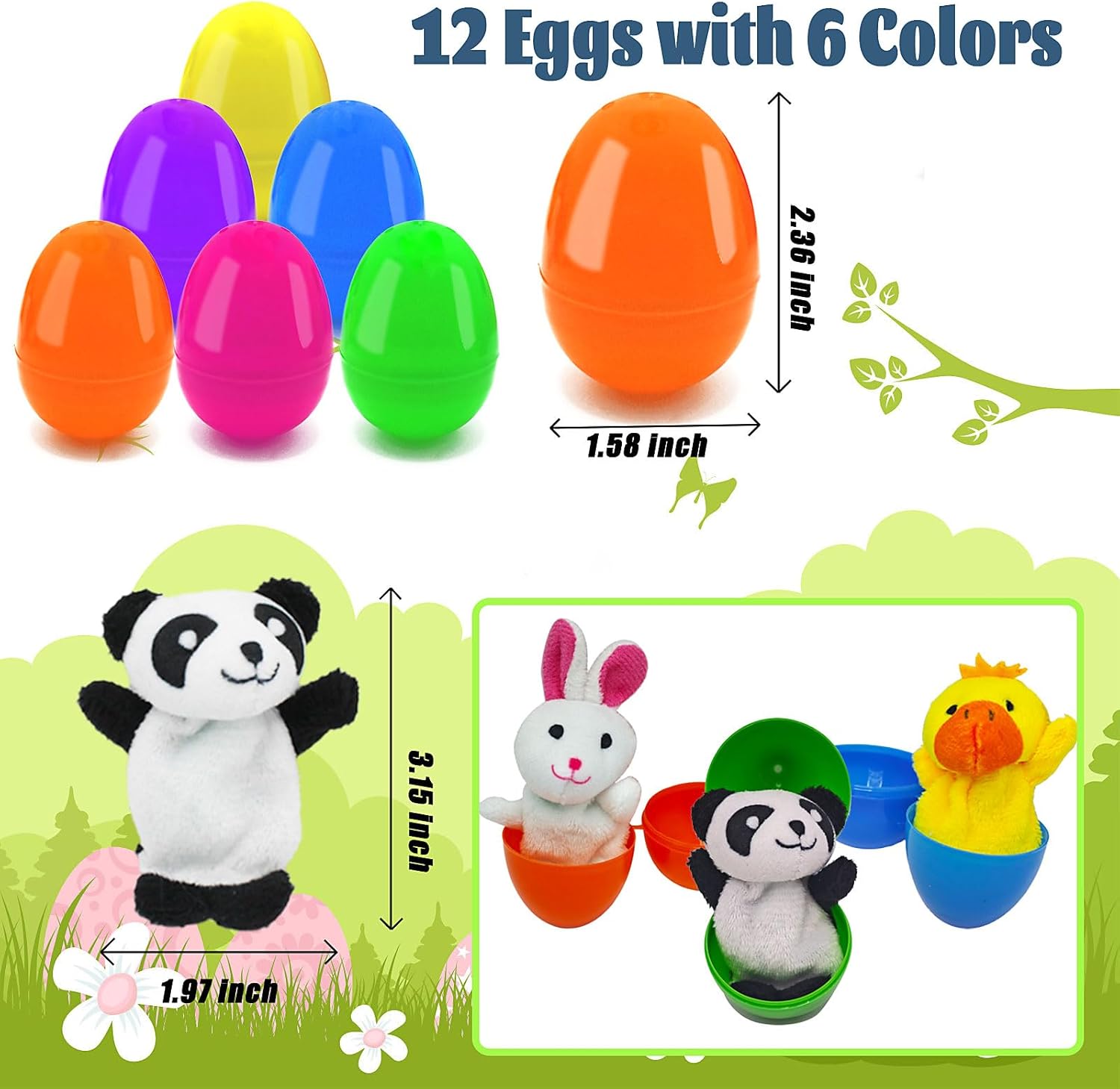 VEALIZUU 12 Pack Easter Eggs with Mini Plush Animals Finger Puppets Toys for Kids, Perfect for Easter Egg Hunt Game, Easter Party Favors, Easter Gift for Kids